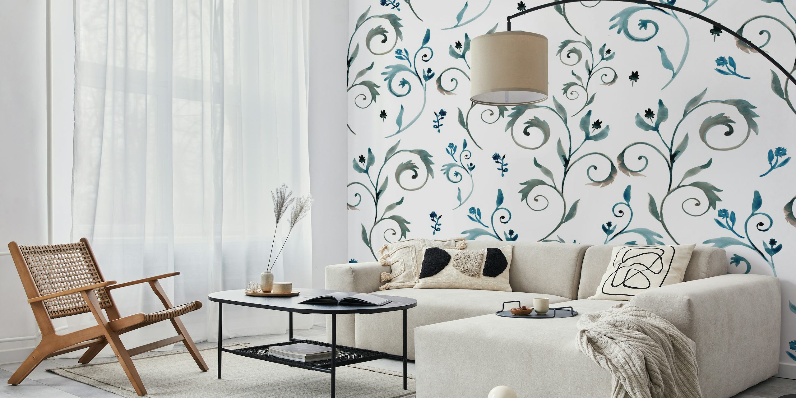 Artistic blue watercolor vines and leaves on a neutral background wall mural