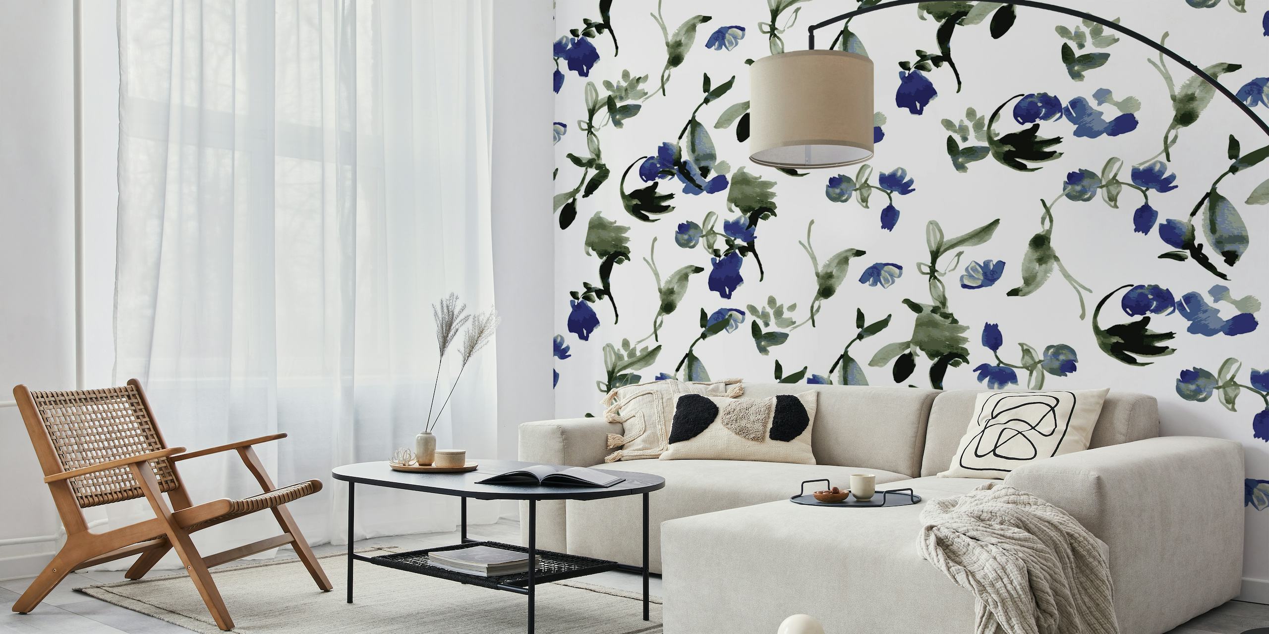 Blue floral watercolor spring wall mural design.