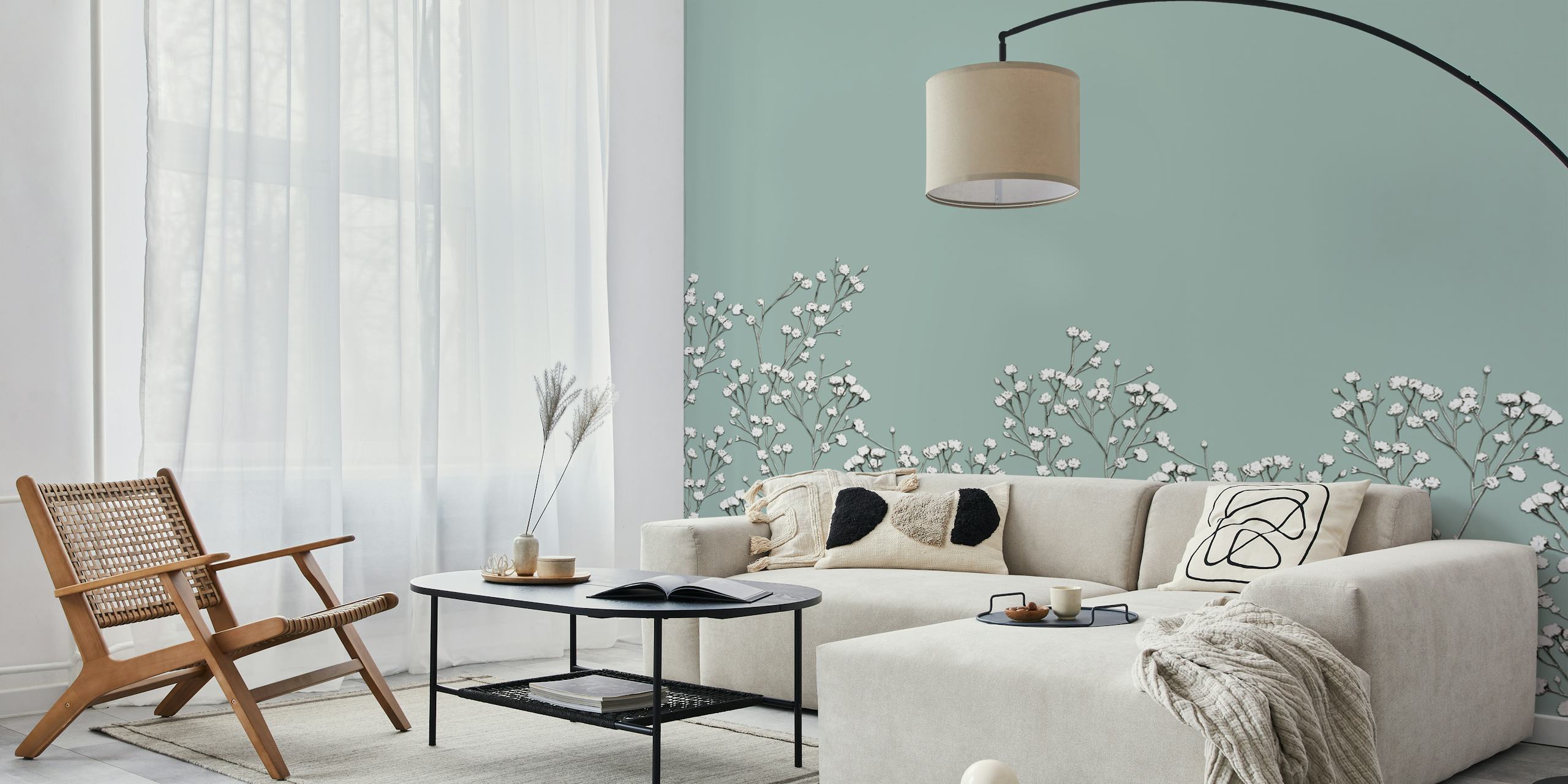 Delicate white flowers on sage green background floral wallpaper