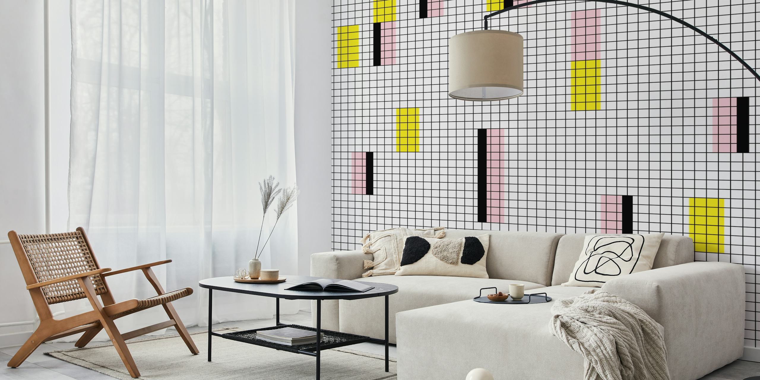 Colorful geometric shapes in pink, yellow, and black wallpaper
