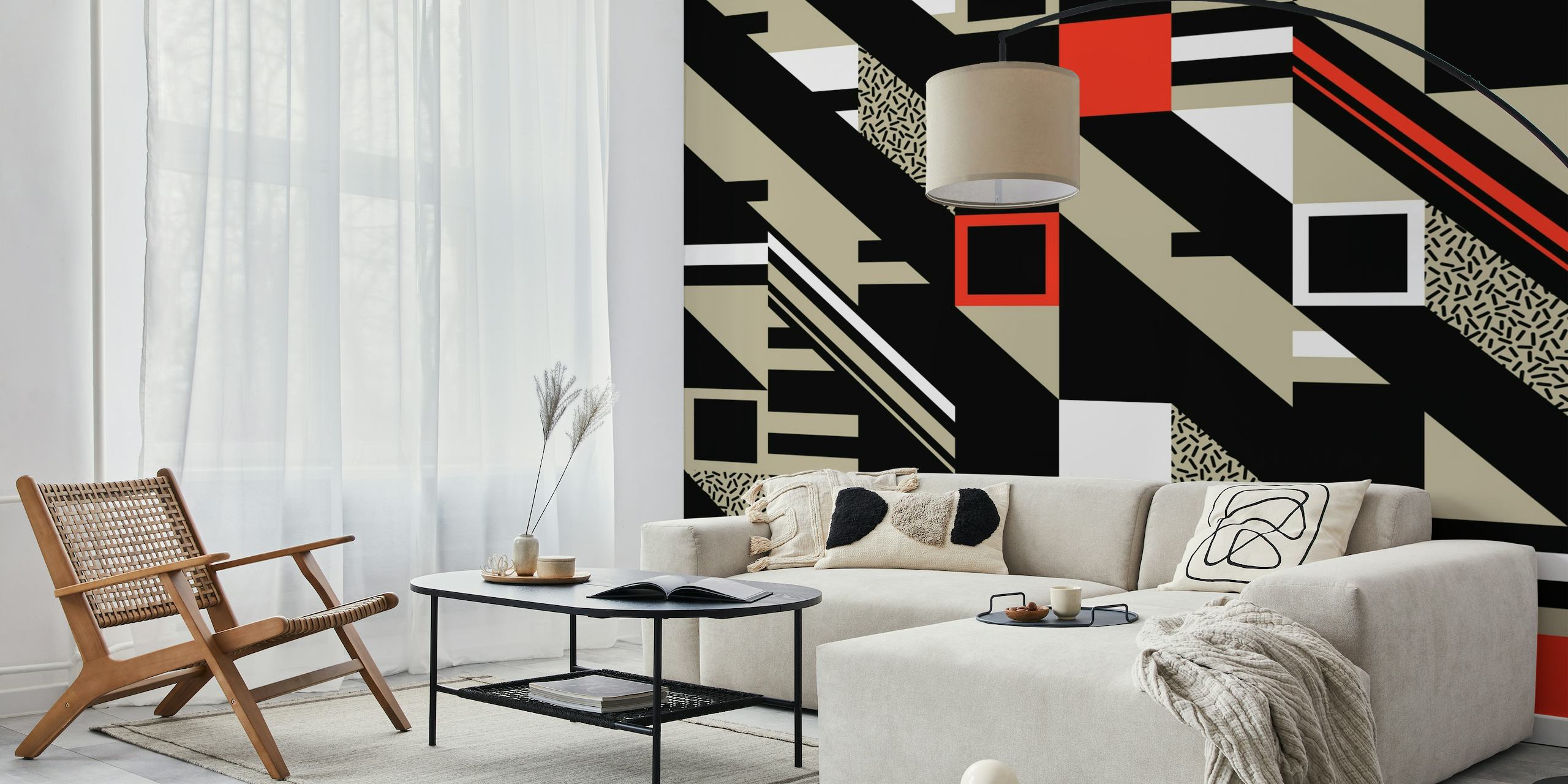 Abstract geometric pattern wall mural in black, white, and red