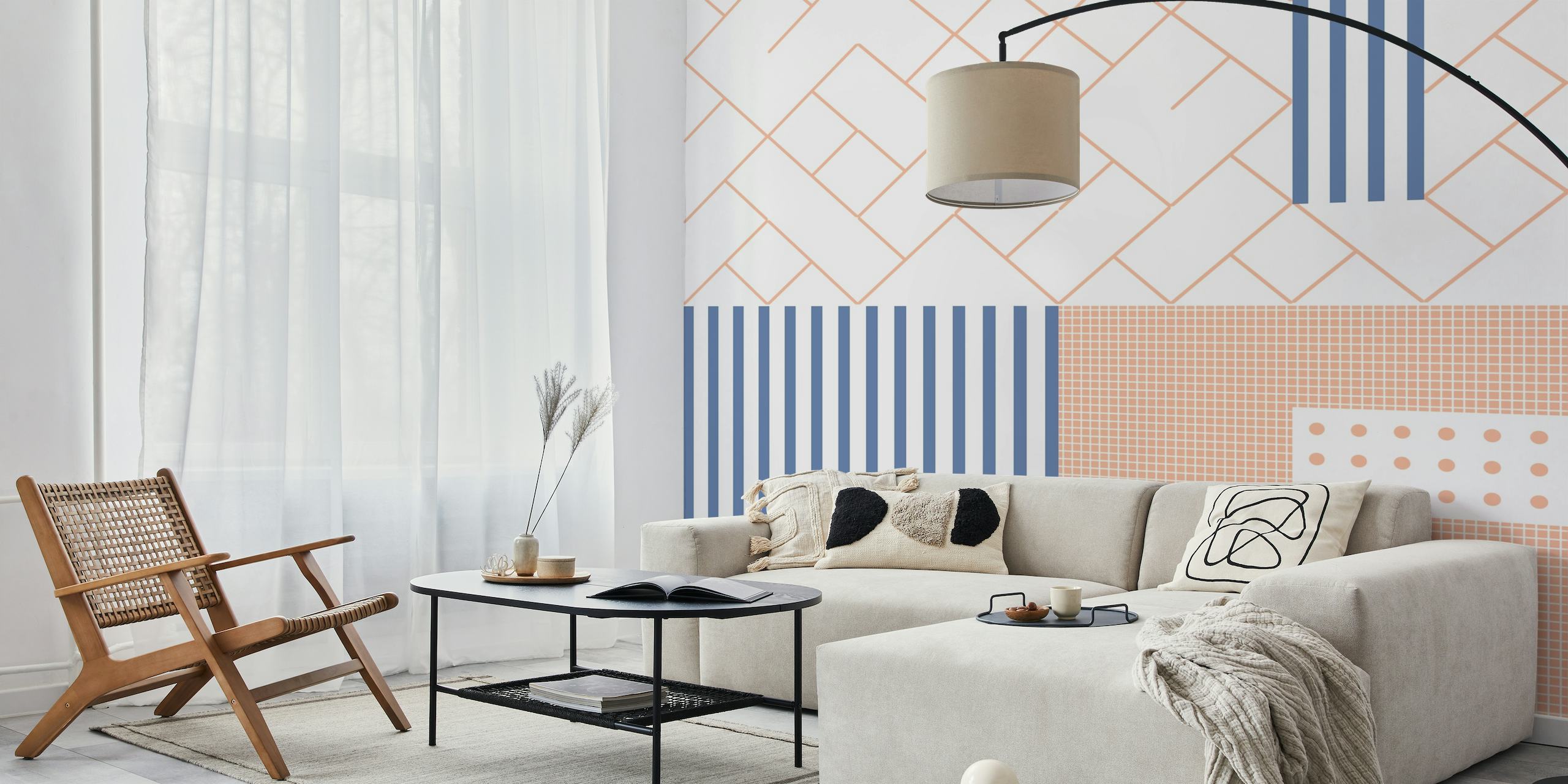 Geo Fav 06 wall mural featuring geometric patterns with pink, blue, and white colors