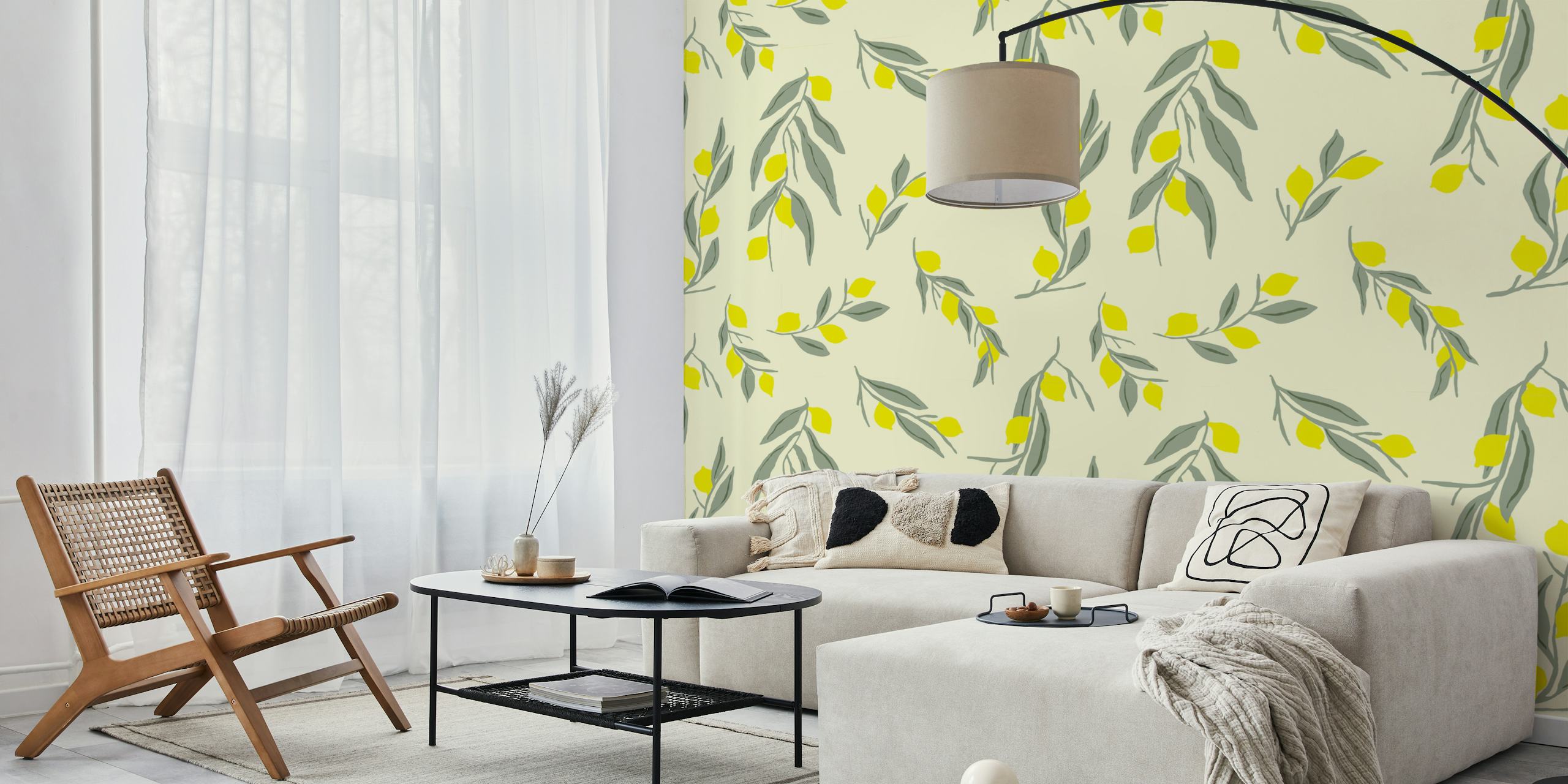 Papier peint mural sticker citrons jaunes et feuilles vertes