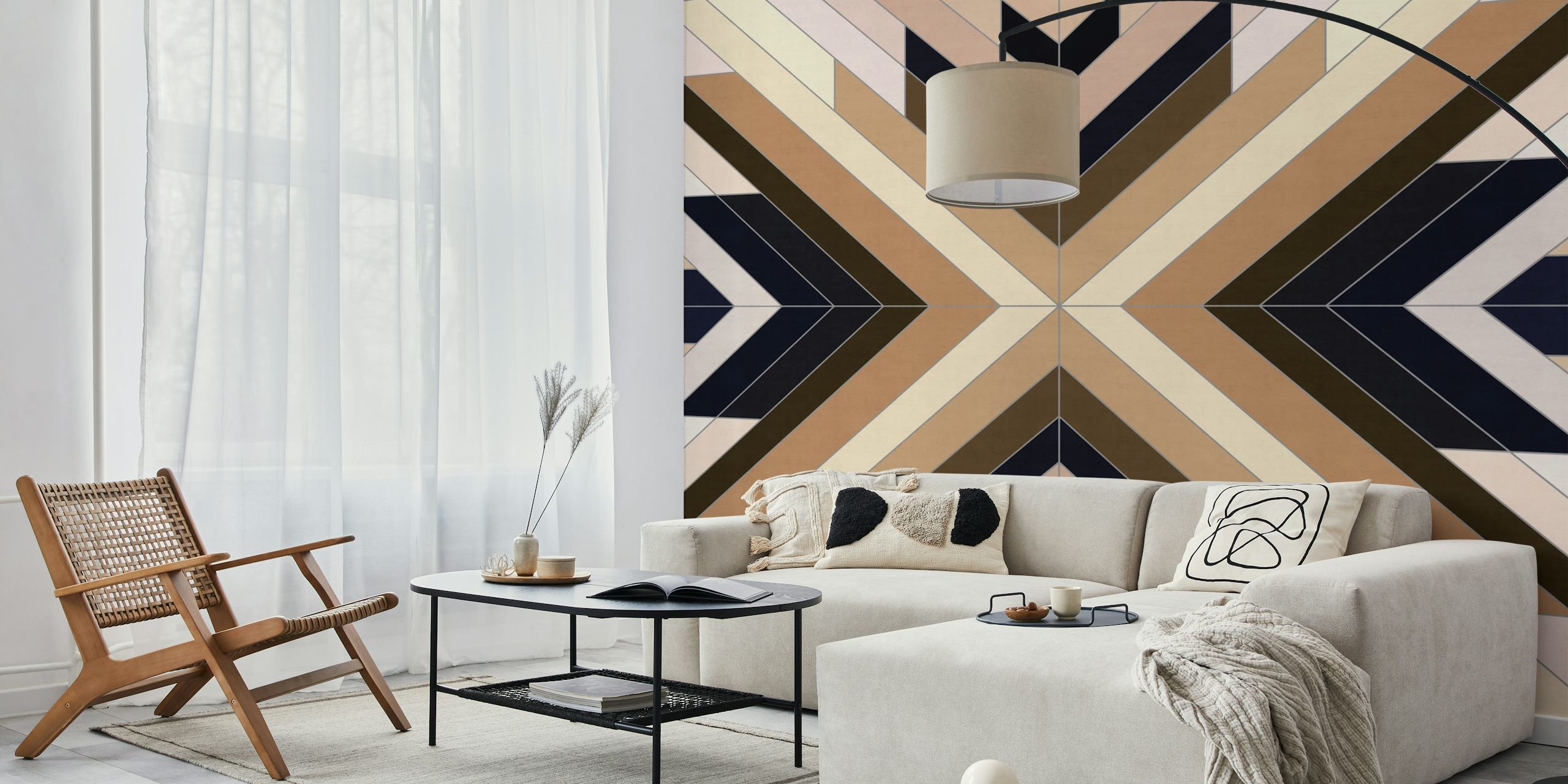 Stylish geometric bands wall mural with a modern pattern of angular lines and contrasting colors