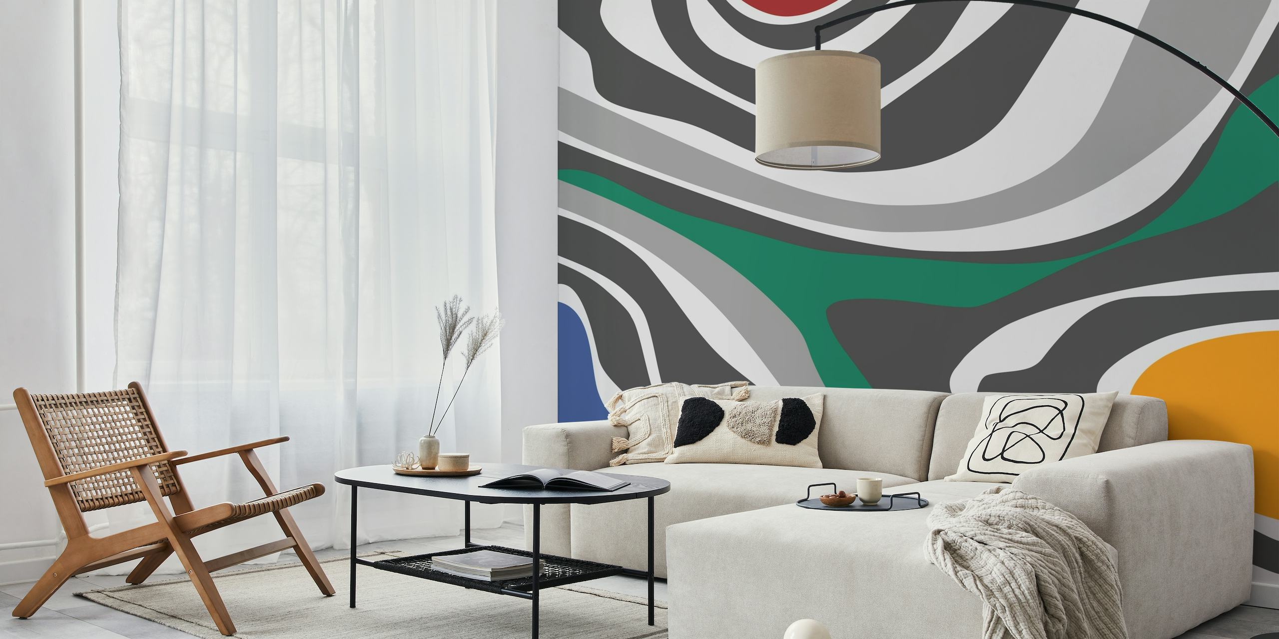 Abstract geometric shapes wall mural in a modern color scheme featuring lines and curves