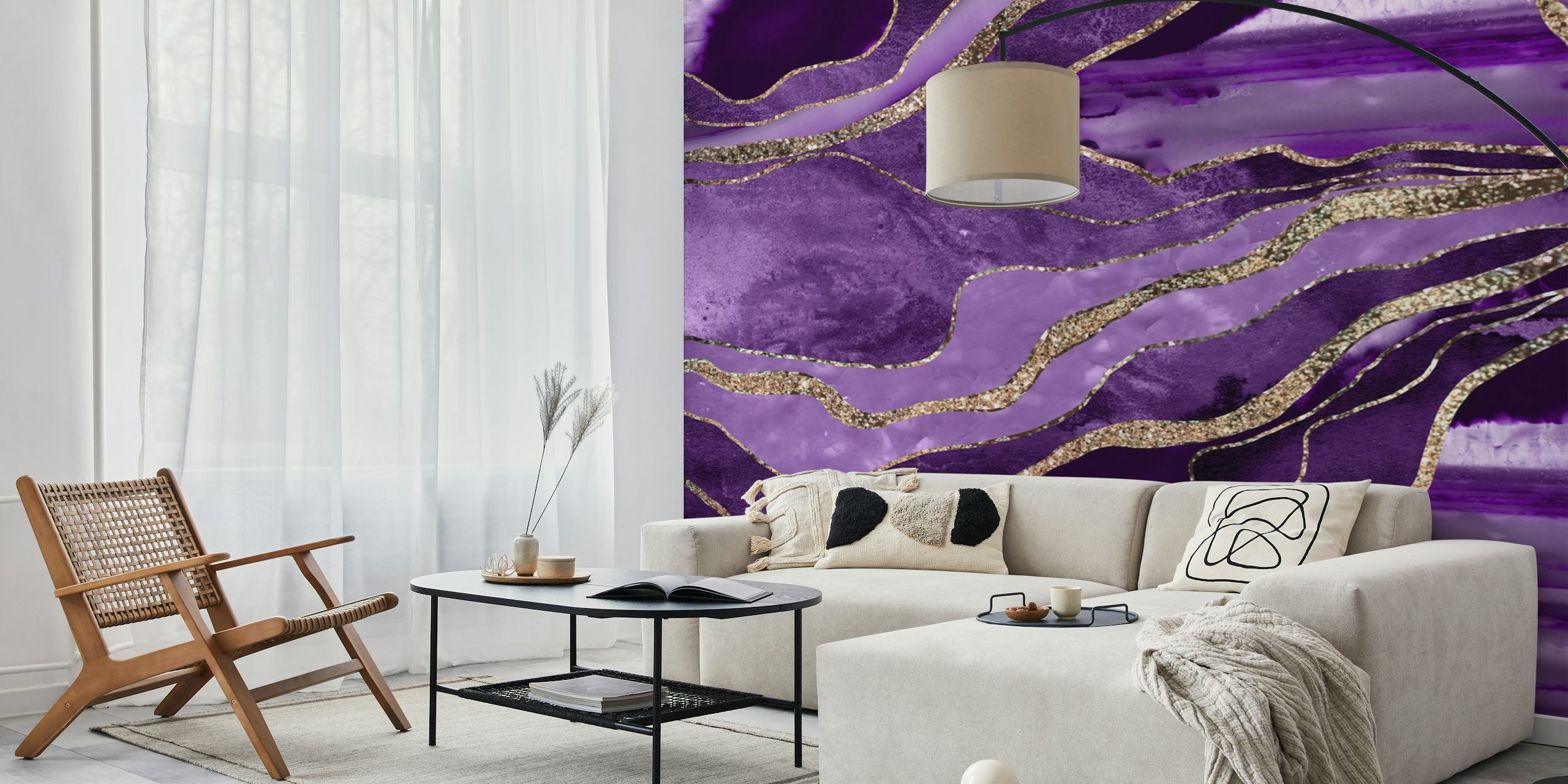 Purple swirling marble with gold accents wallpaper