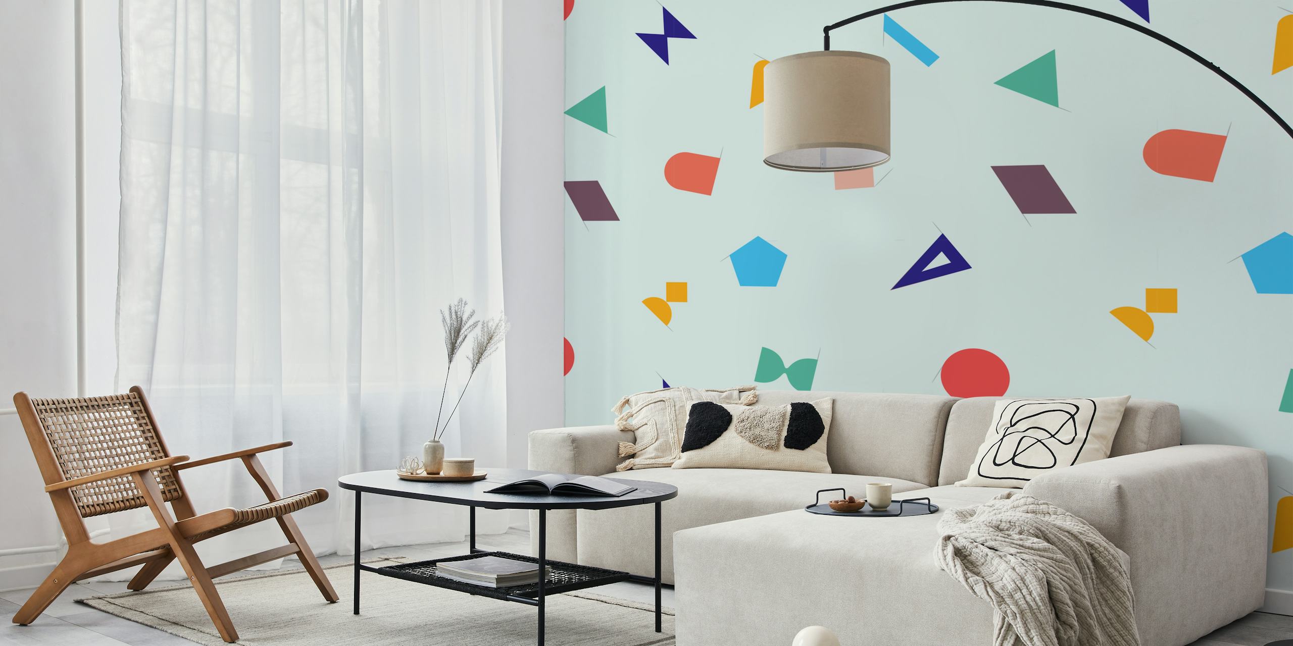 Colorful geometric shapes in various colors on light background wallpaper