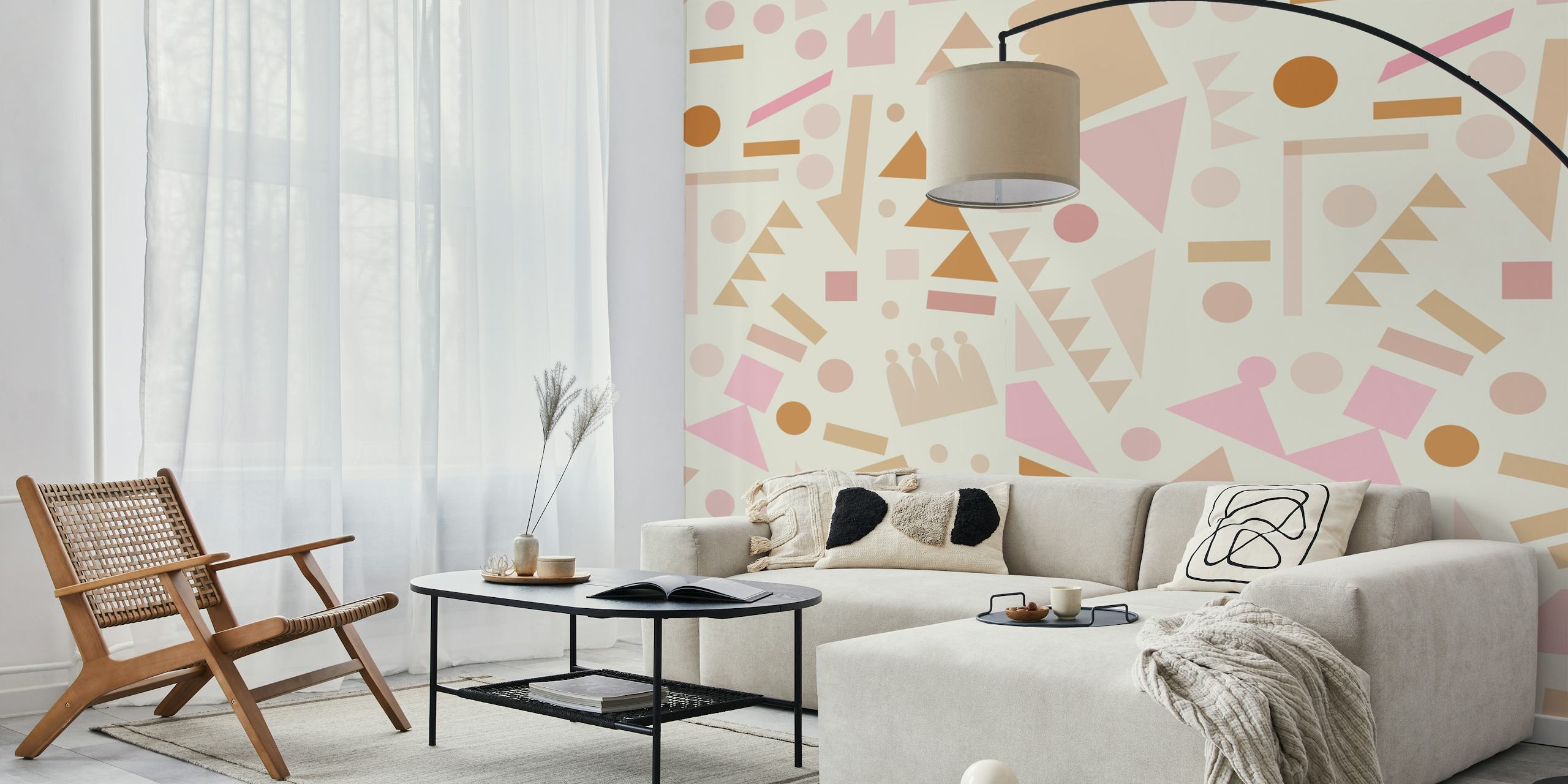 Abstract pink, beige, and white geometric shapes on wall mural