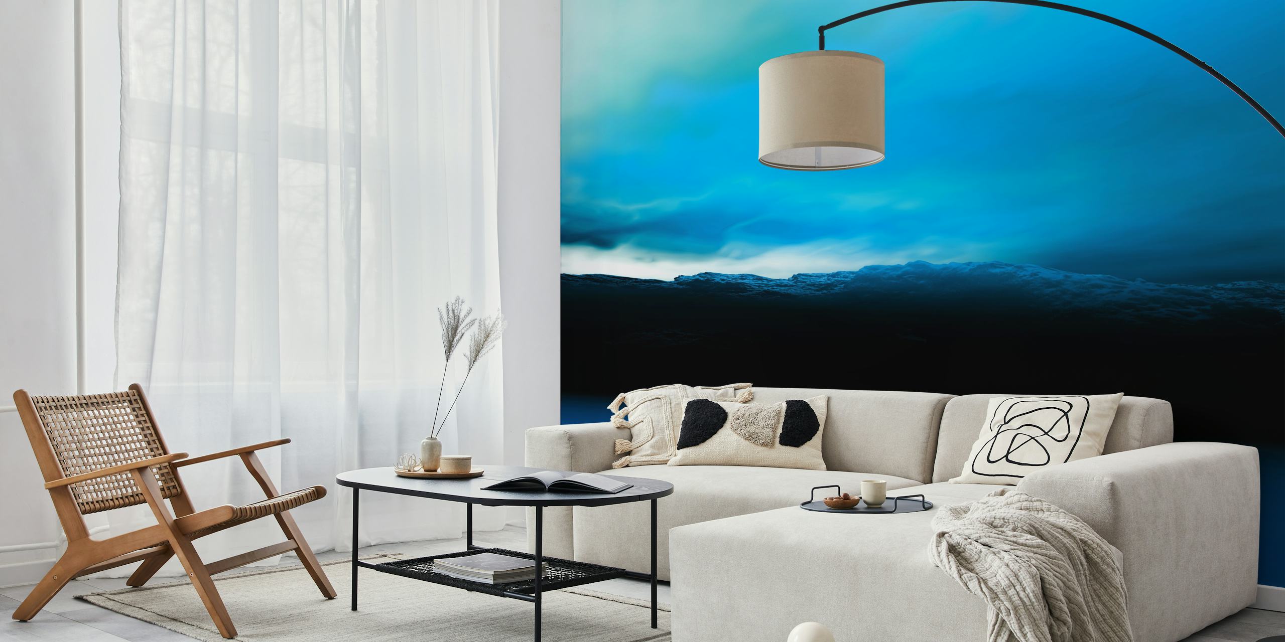 Bluish Sunset wall mural with serene blue tones and dark landscape silhouettes