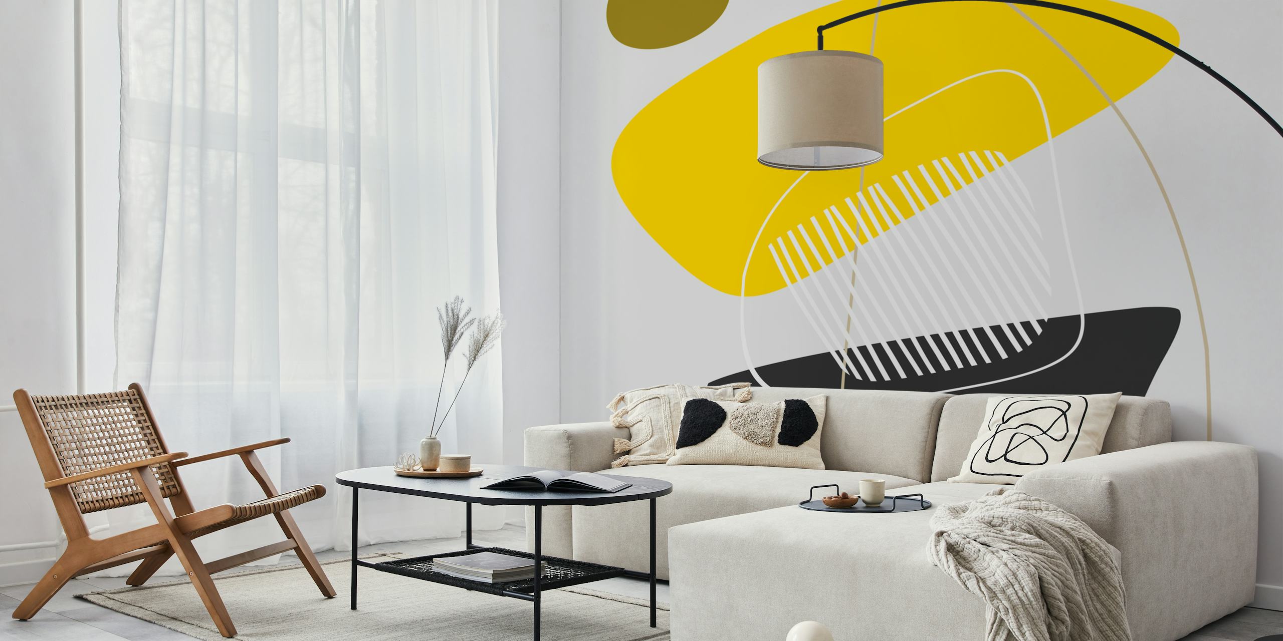 Modern abstract wall mural in yellow, black, and gray with geometric shapes and lines.