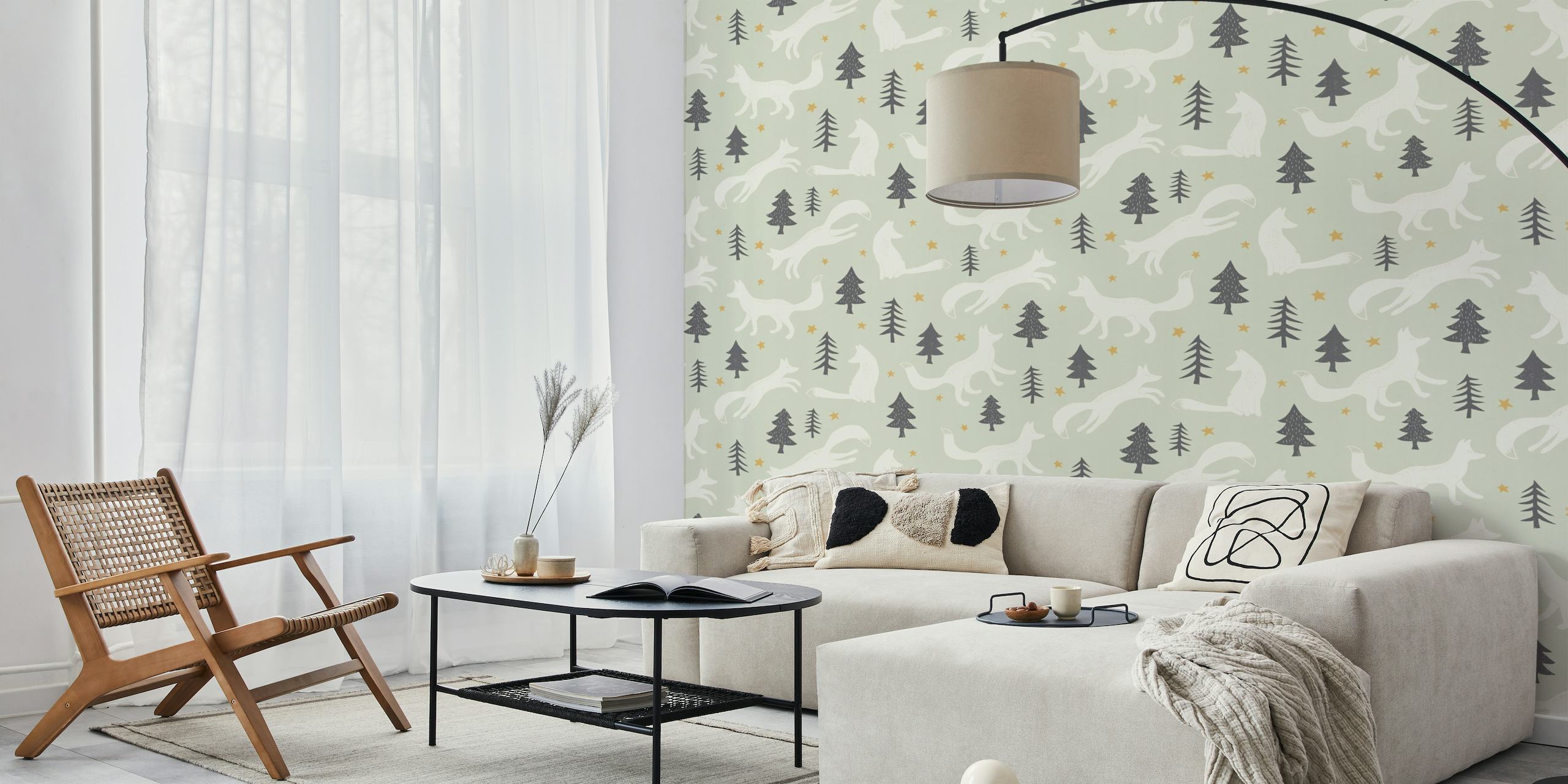 Nostalgic Foxes Pine Wall Mural with foxes and pine tree patterns on a muted green background