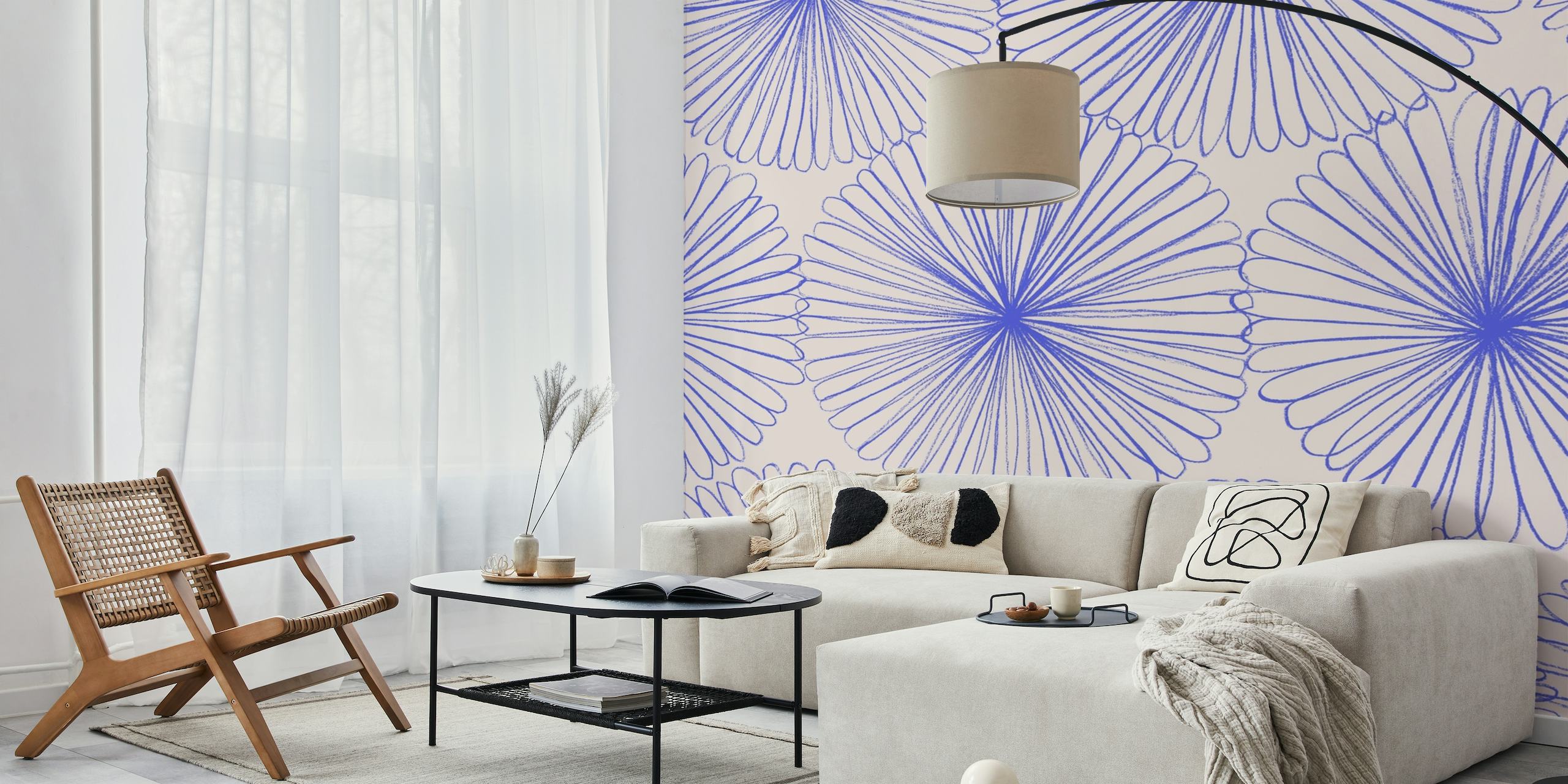 Blue floral pattern wall mural with intricate, wheel-like petals