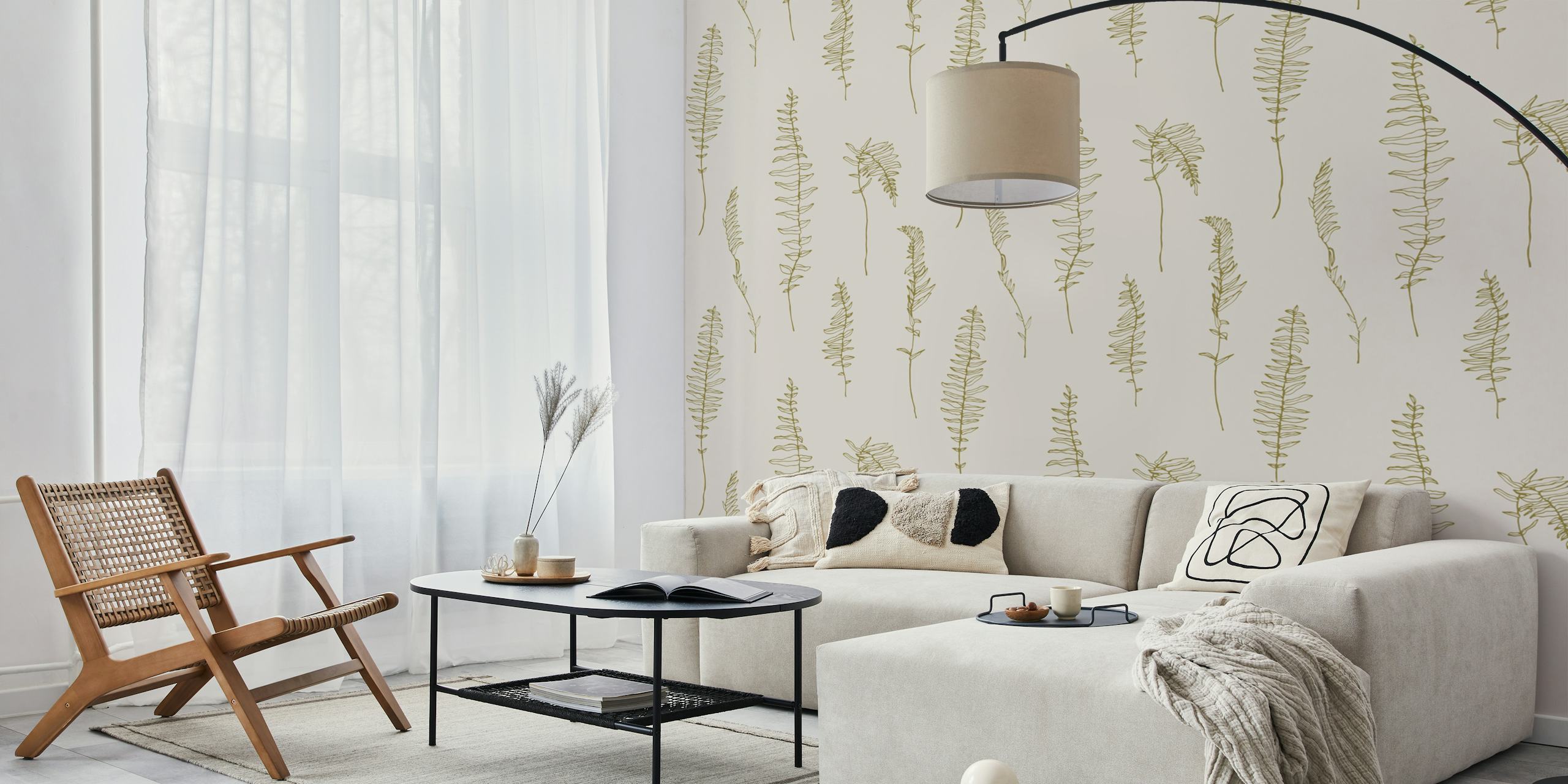 Cream background with delicate green fern pattern wallpaper