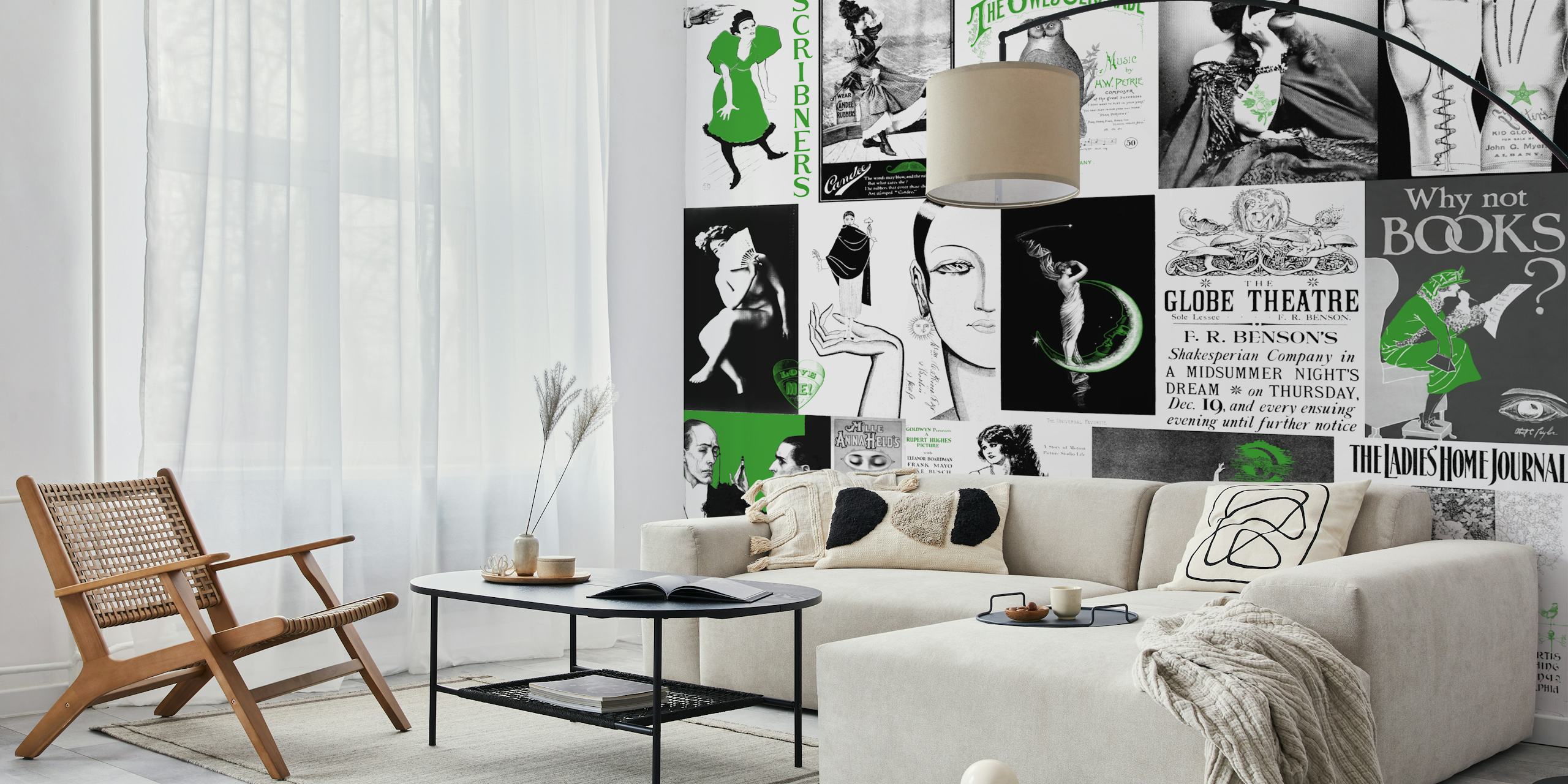 Vintage black and white wallpaper with green accents featuring artistic illustrations.