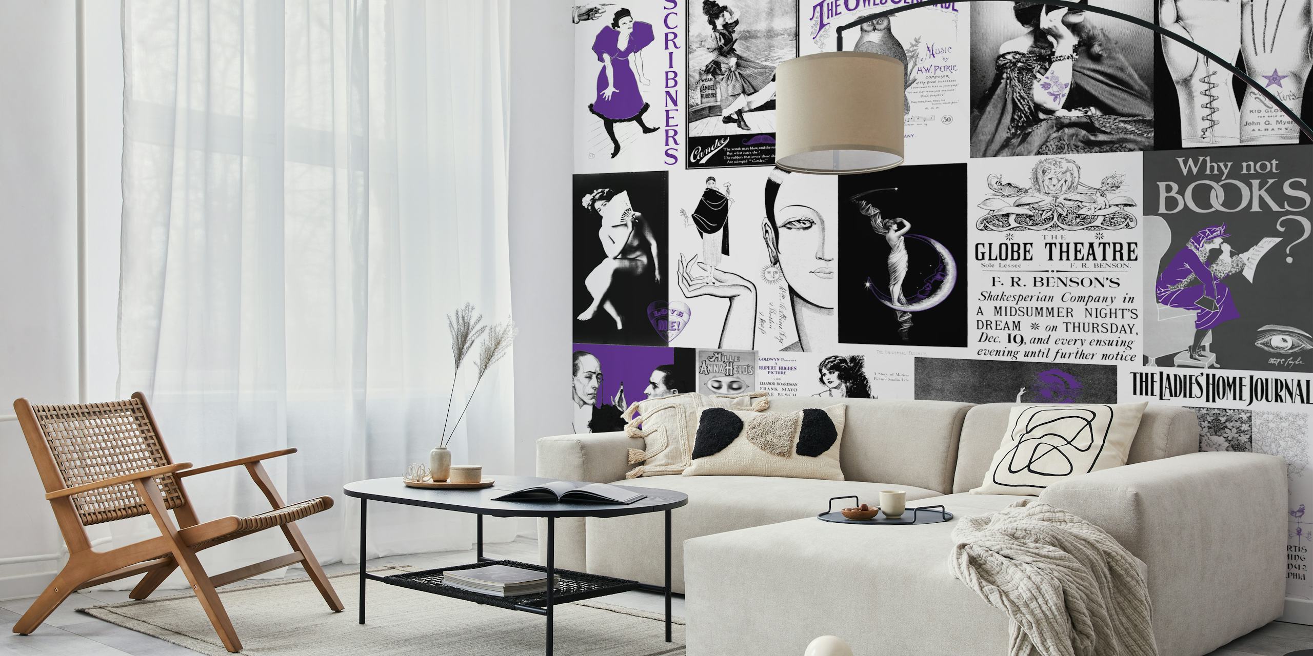 Vintage art wallpaper in black, white, and purple
