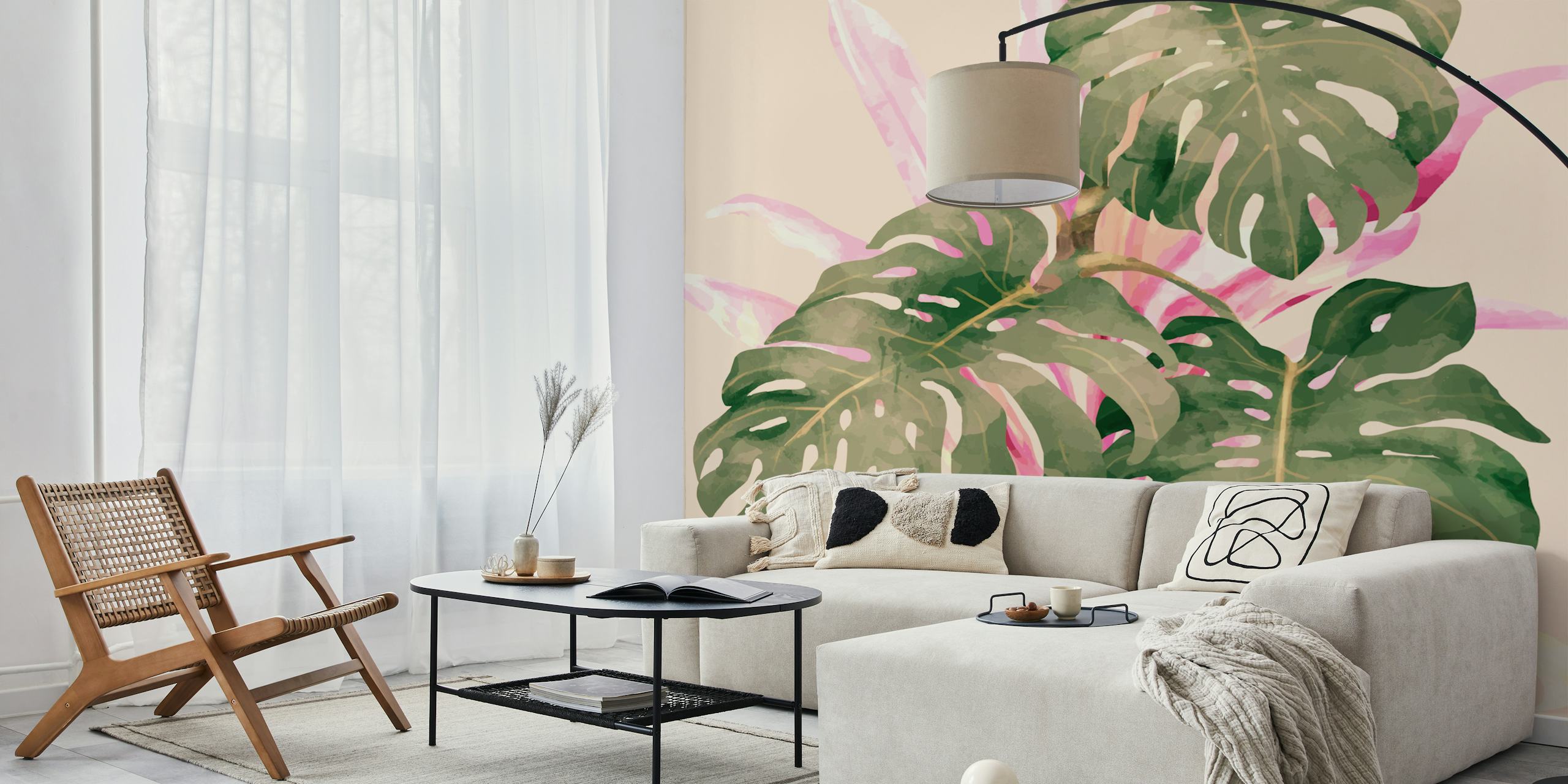 Tropical leaves on a pastel pink background wallpaper