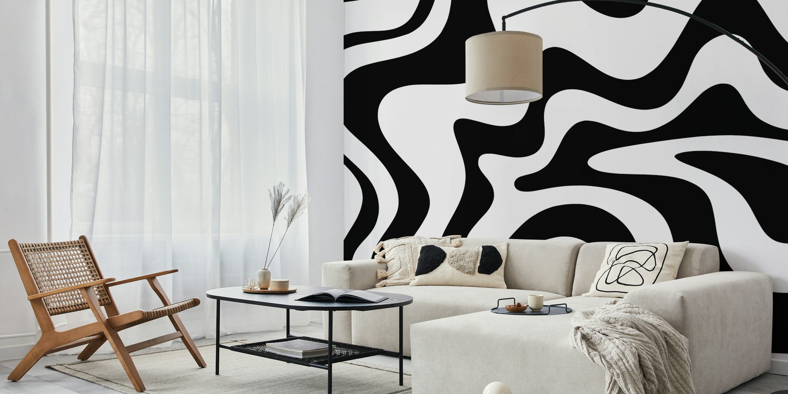 Retro Liquid Swirl svart och vit abstrakt tapet