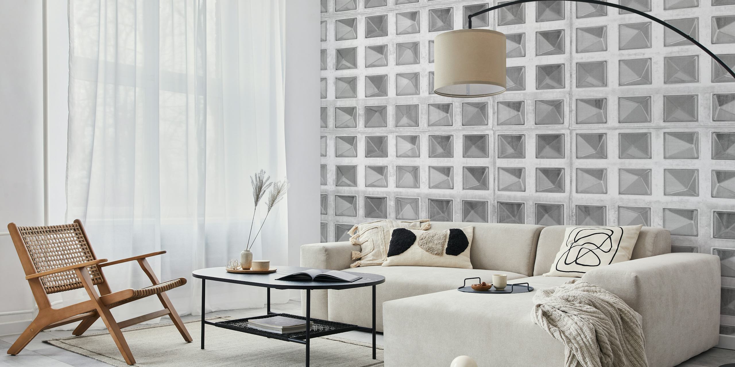Geometric black and white patterns create a modern wall mural wallpaper.