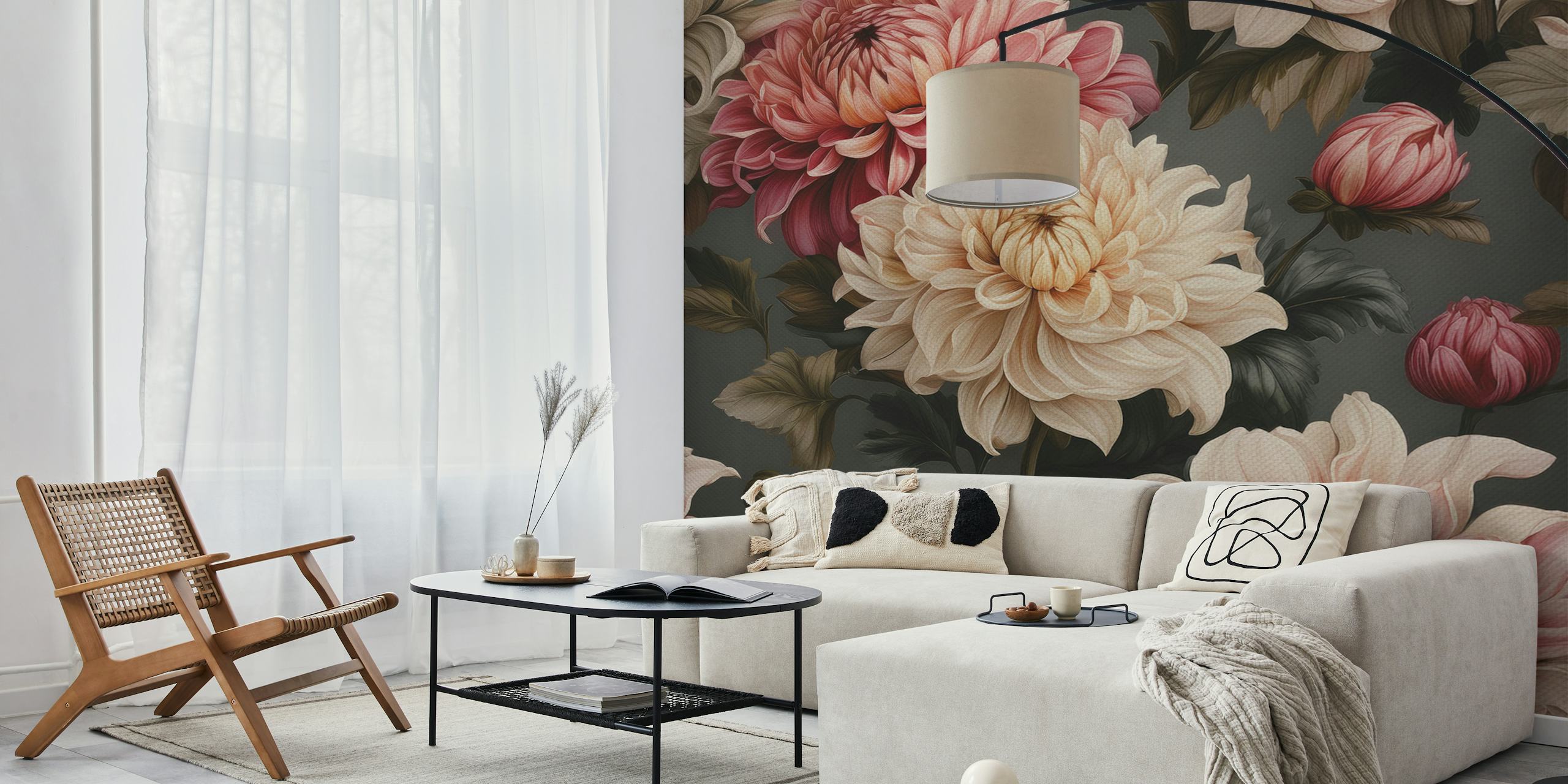 Floral wallpaper featuring elegant dahlia flowers in pink, cream, and dark green tones.