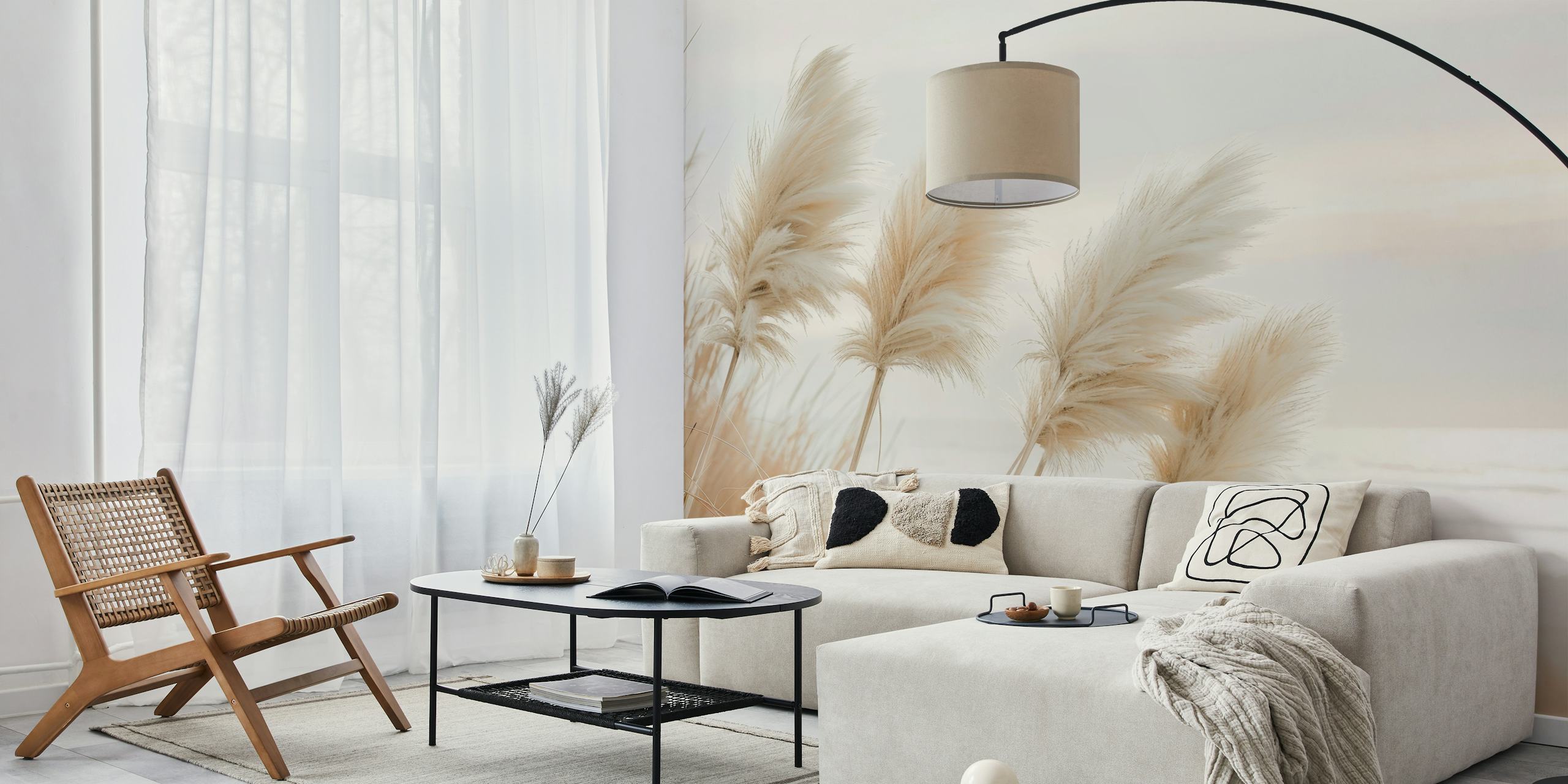 Pampas grass in soft cream tones against a serene background wallpaper
