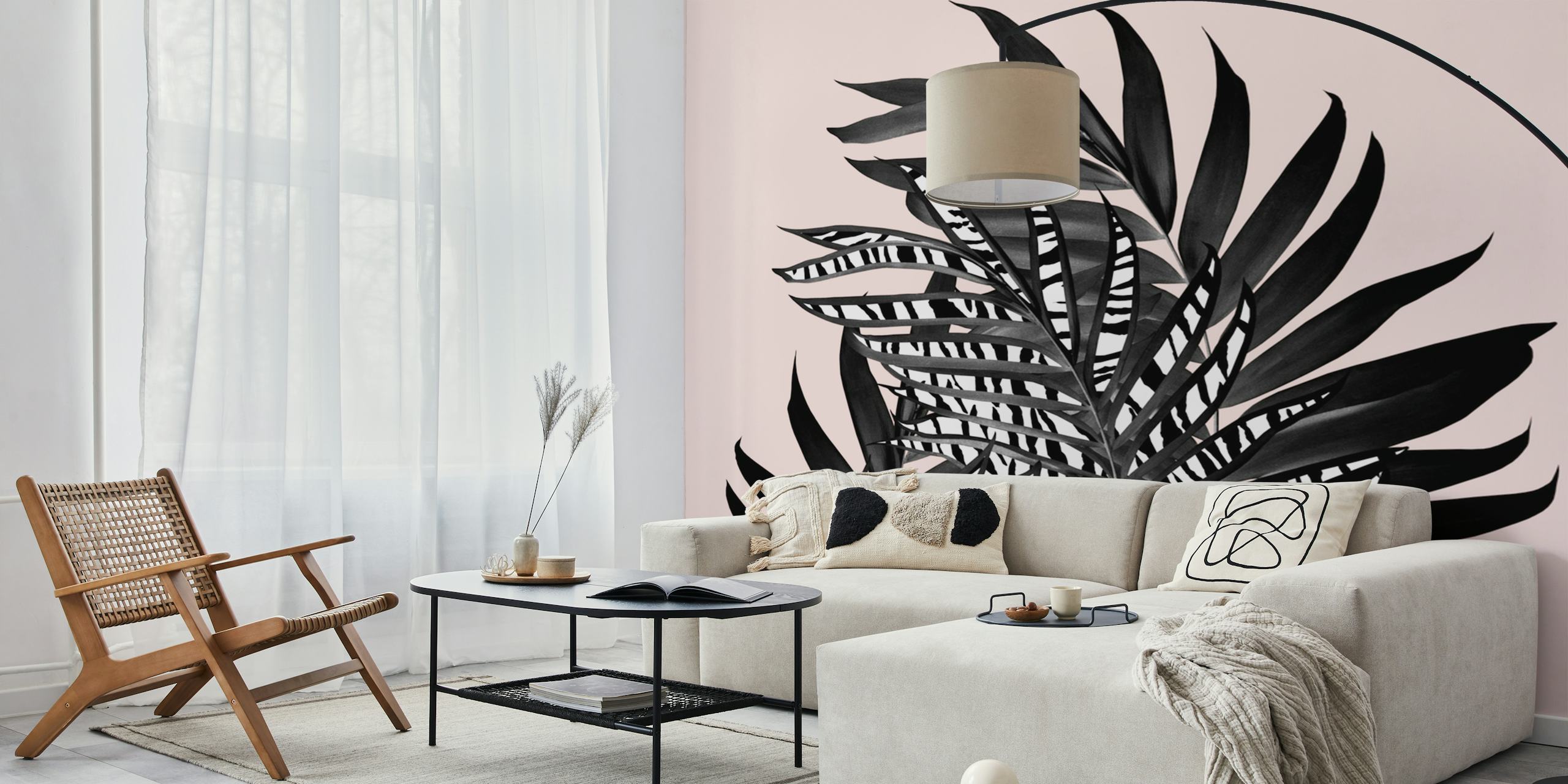 Black and white striped tropical palm leaves on pink wallpaper