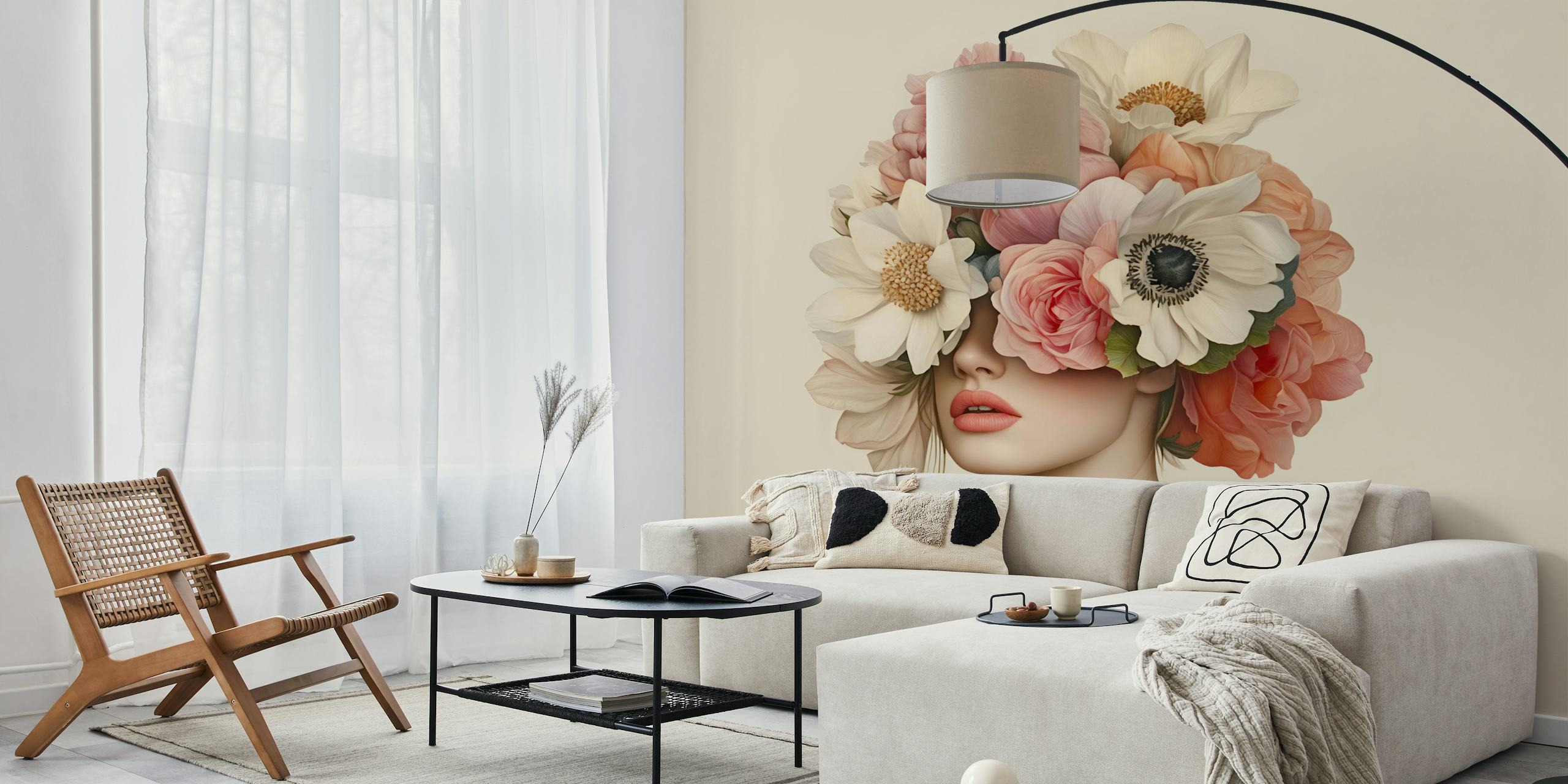 Woman surrounded by soft pink, white, and peach flowers wallpaper