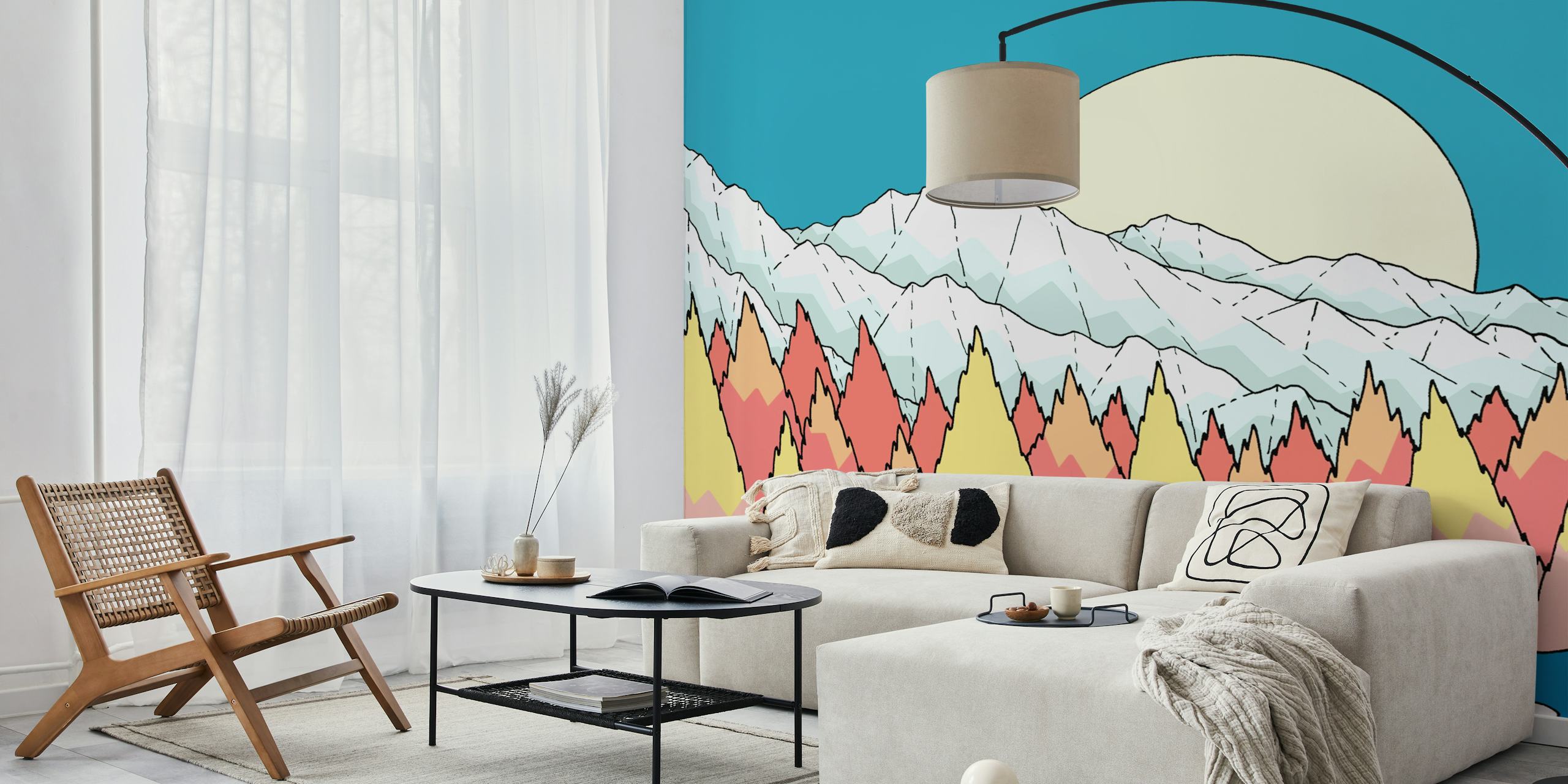 Colorful stylized mountains, trees, and sun beach wallpaper