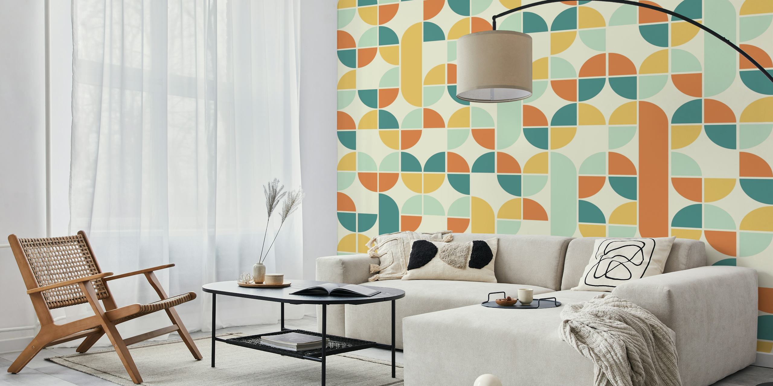 Colorful geometric shapes in pastel colors on cream background wallpaper