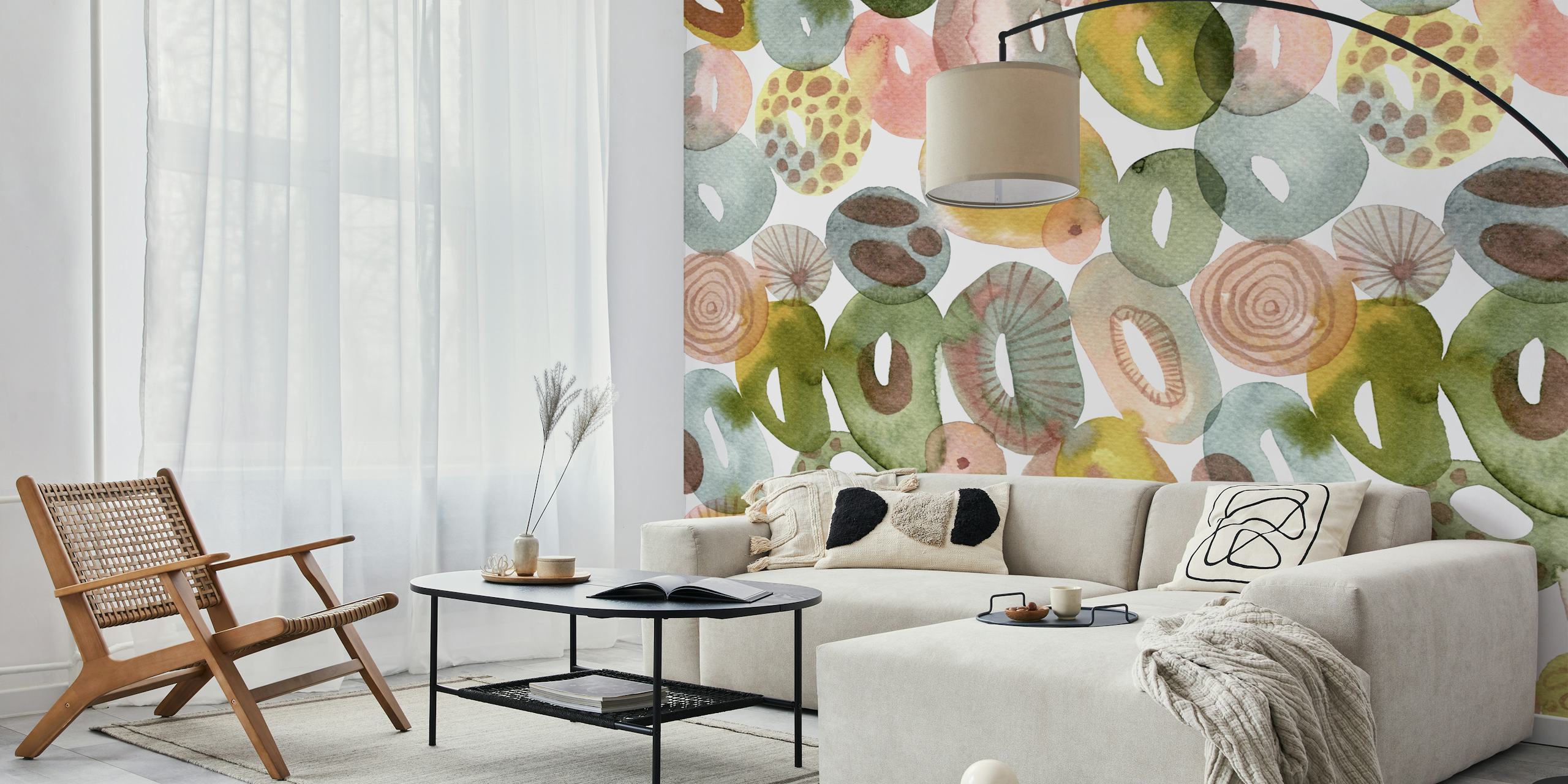 Colorful abstract shapes in green, red, pink, and yellow watercolor wallpaper