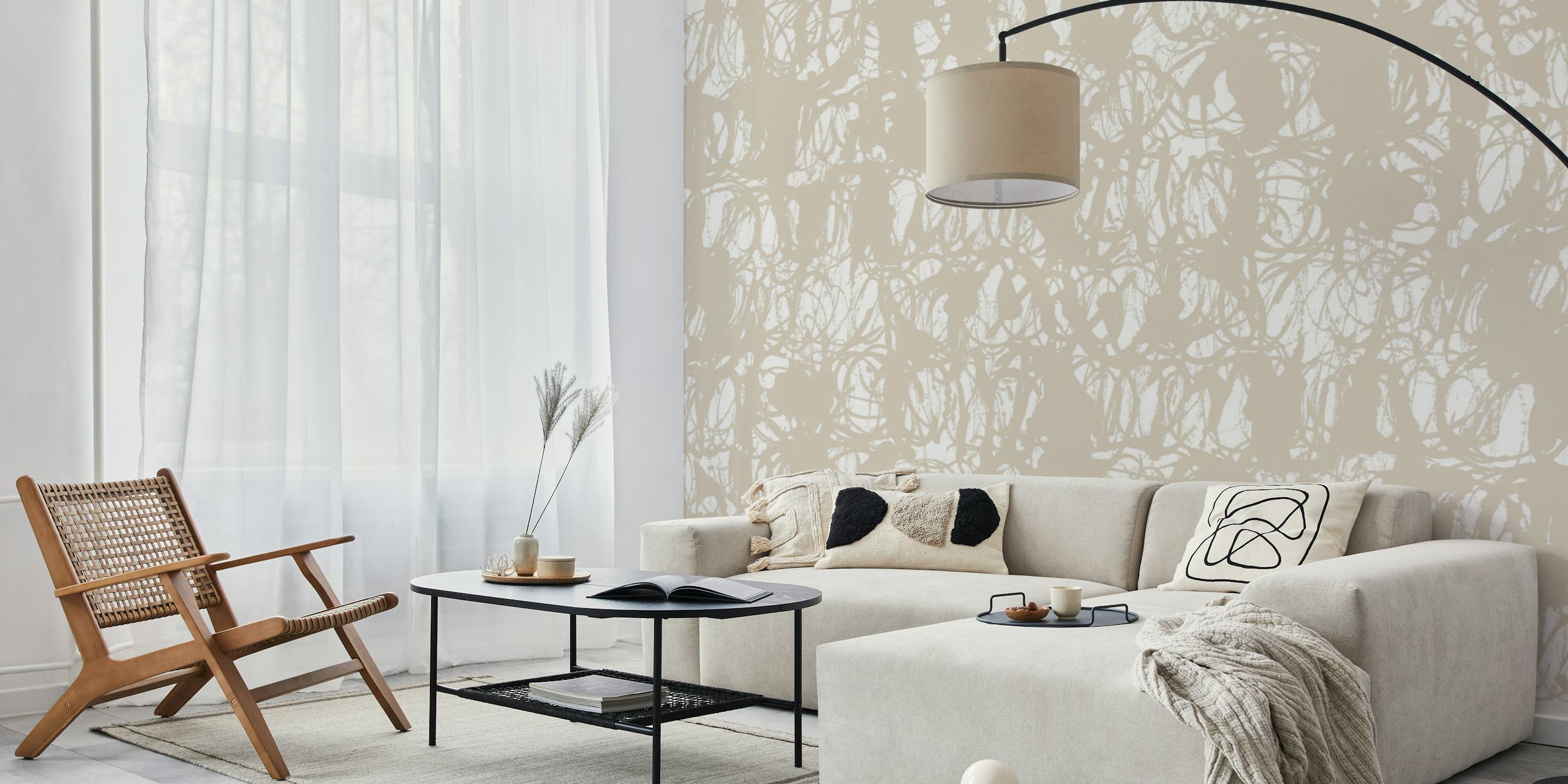 Abstract Ink Swirls Beige wallpaper in una stanza