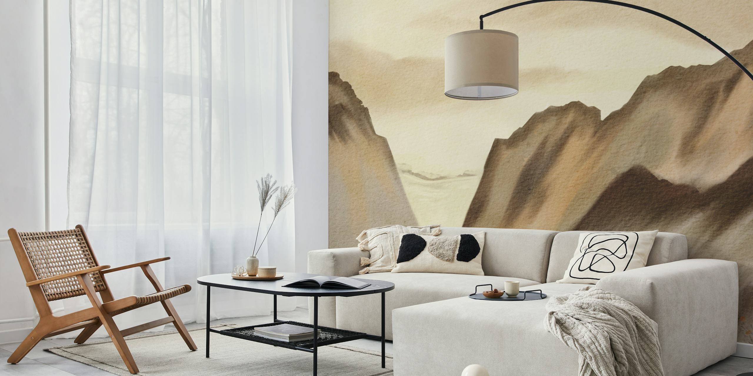 Watercolor mountain landscape with soft browns and greens wallpaper