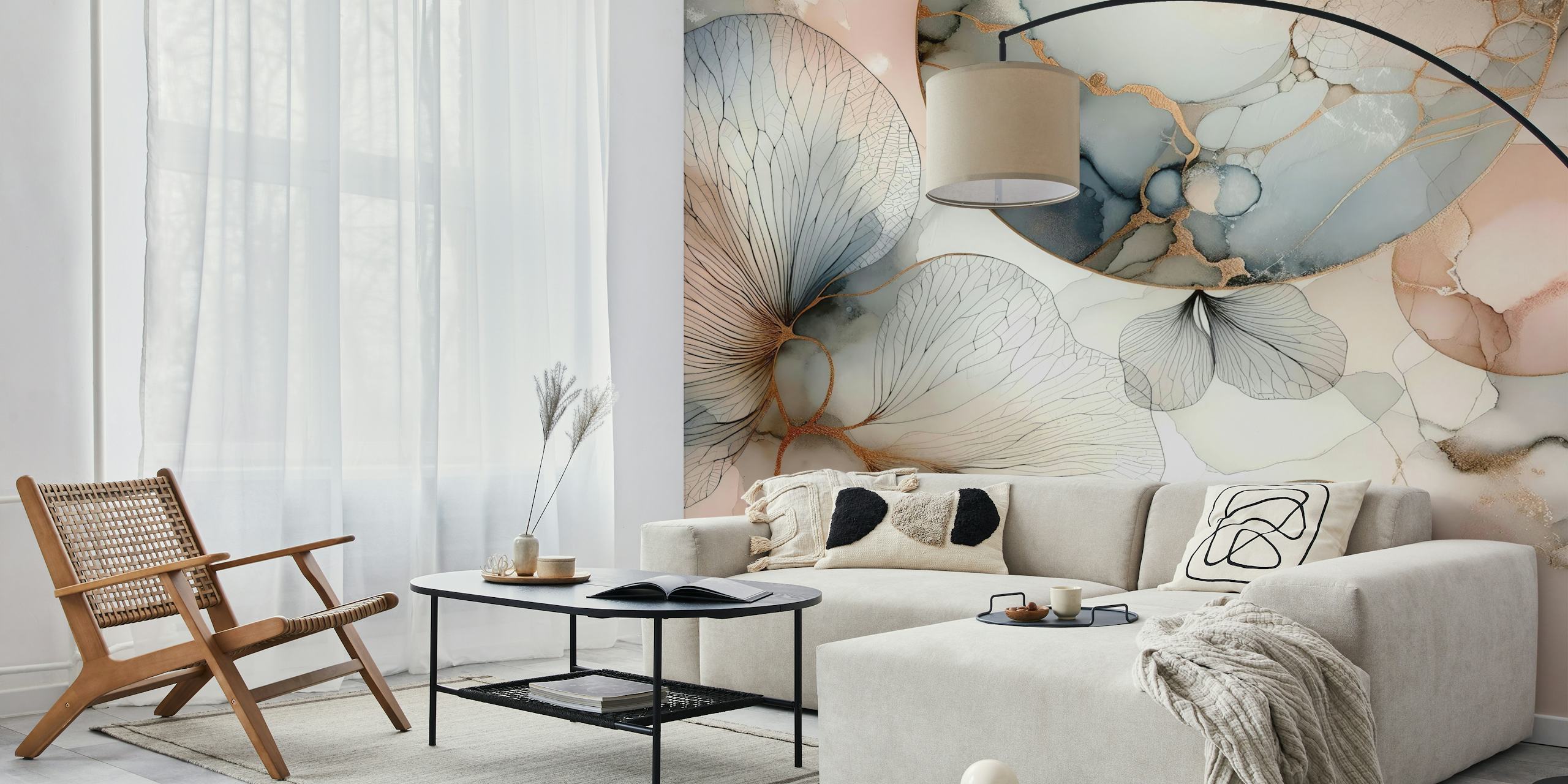Floral abstract design with soft pastel colors and delicate lines wallpaper
