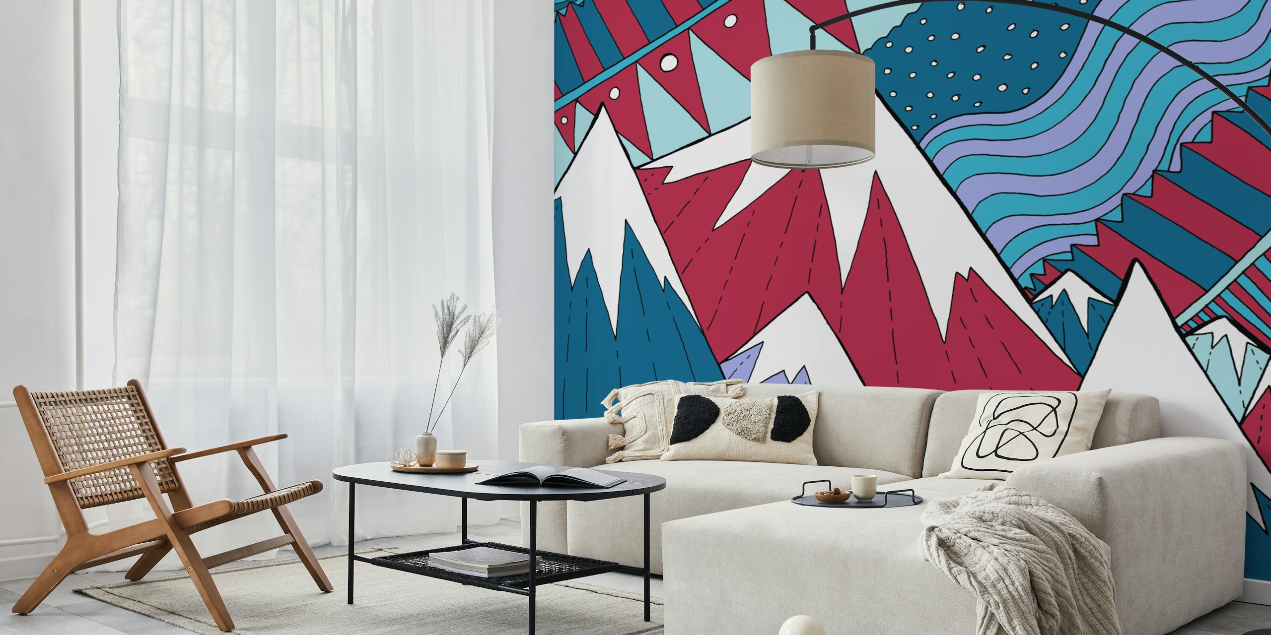 Geometric mountains in teal, red, and white wallpaper