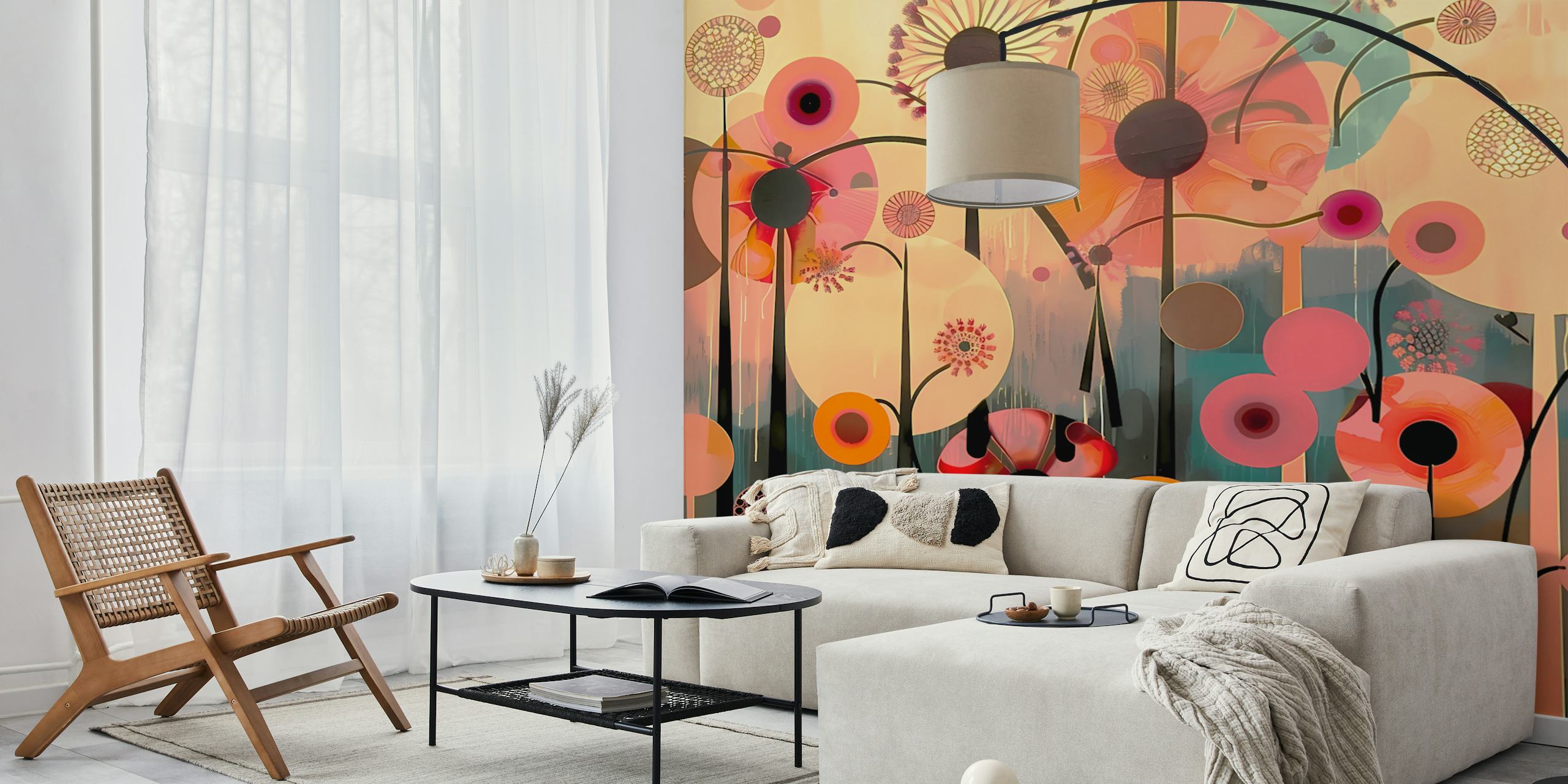 Colorful floral design with circles in pink, orange, and green tones wallpaper