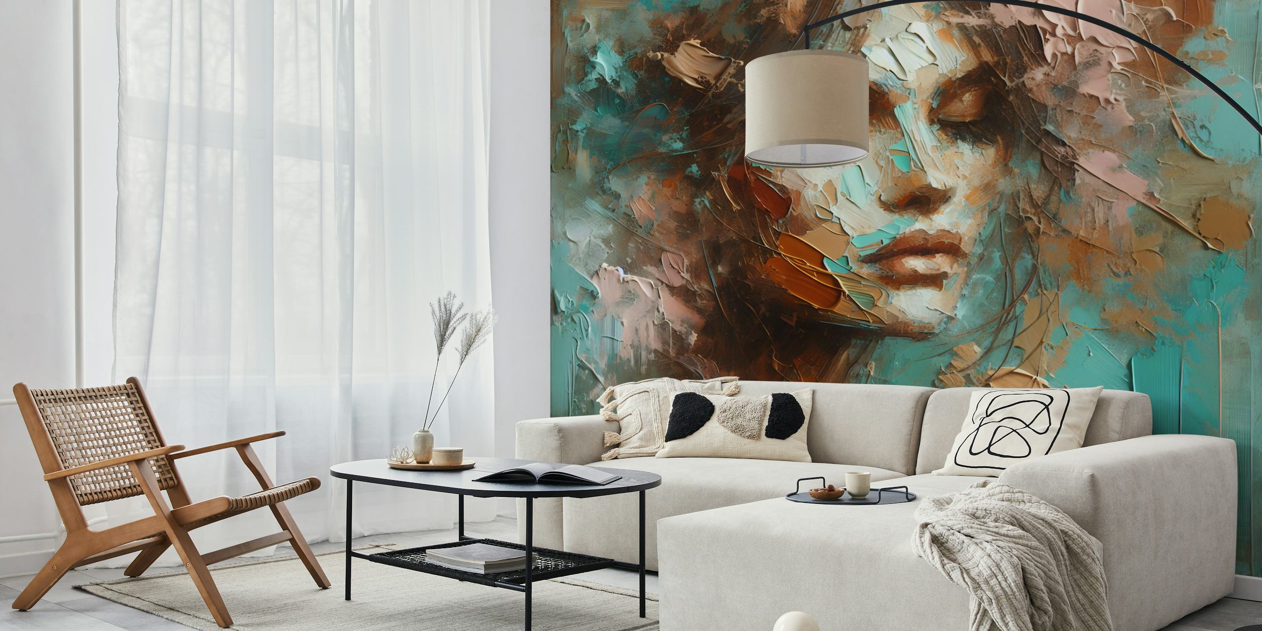 Abstract portrait in turquoise and brown shades wallpaper
