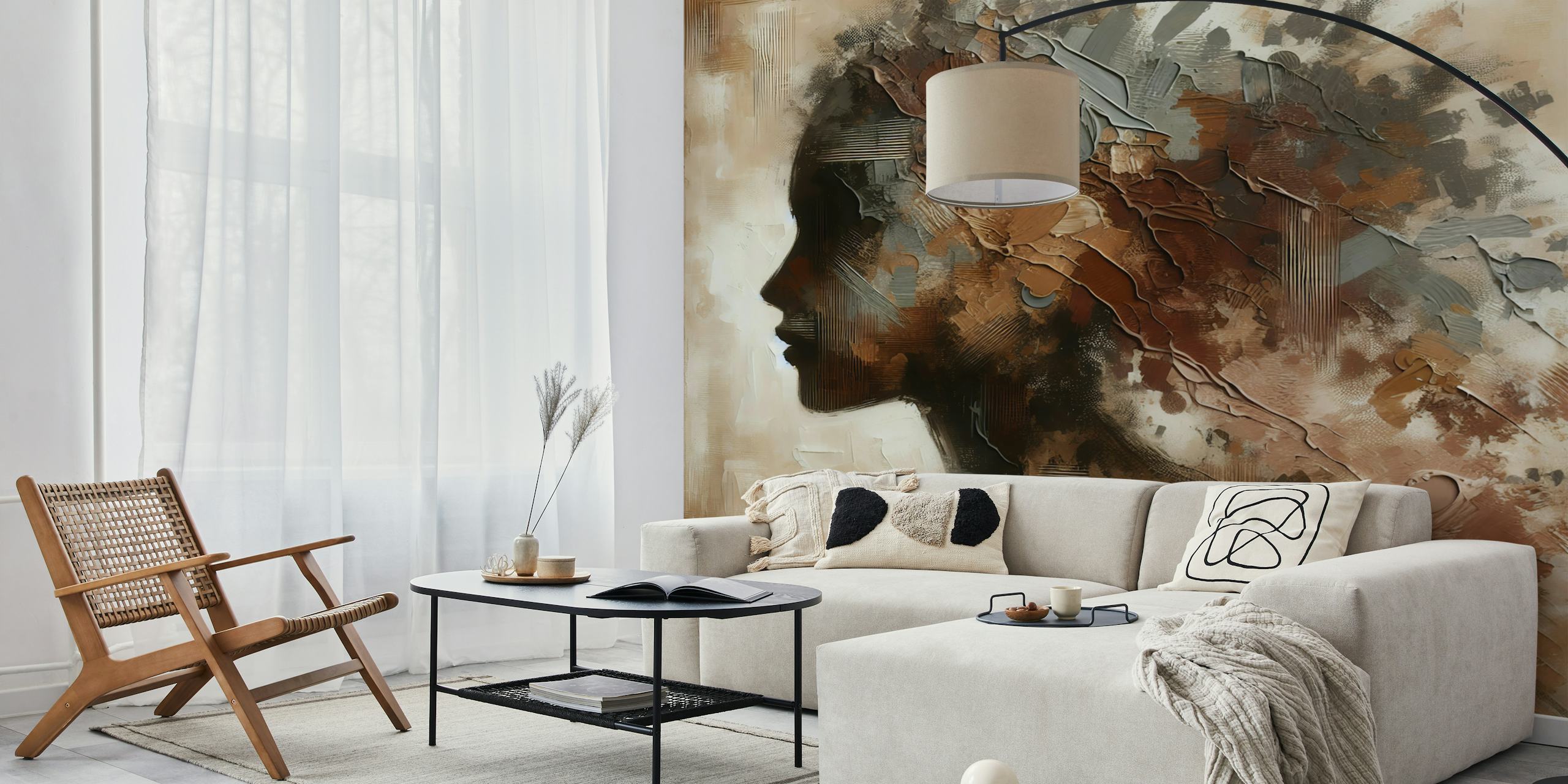Abstract floral mural in earthy tones with soft silhouettes wallpaper