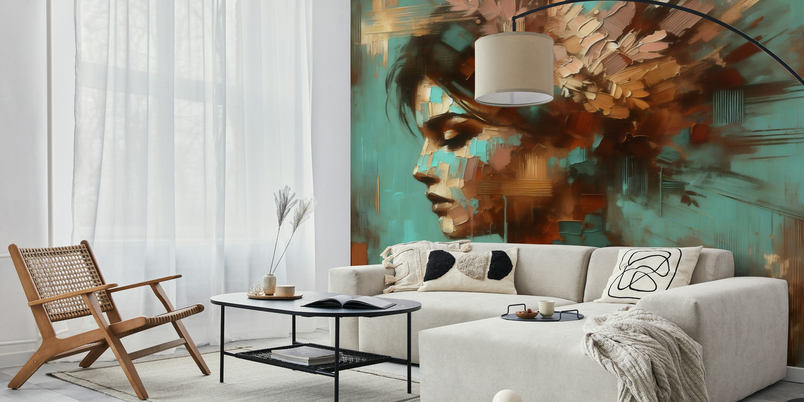 Floral portrait surrealist wallpaper in a room