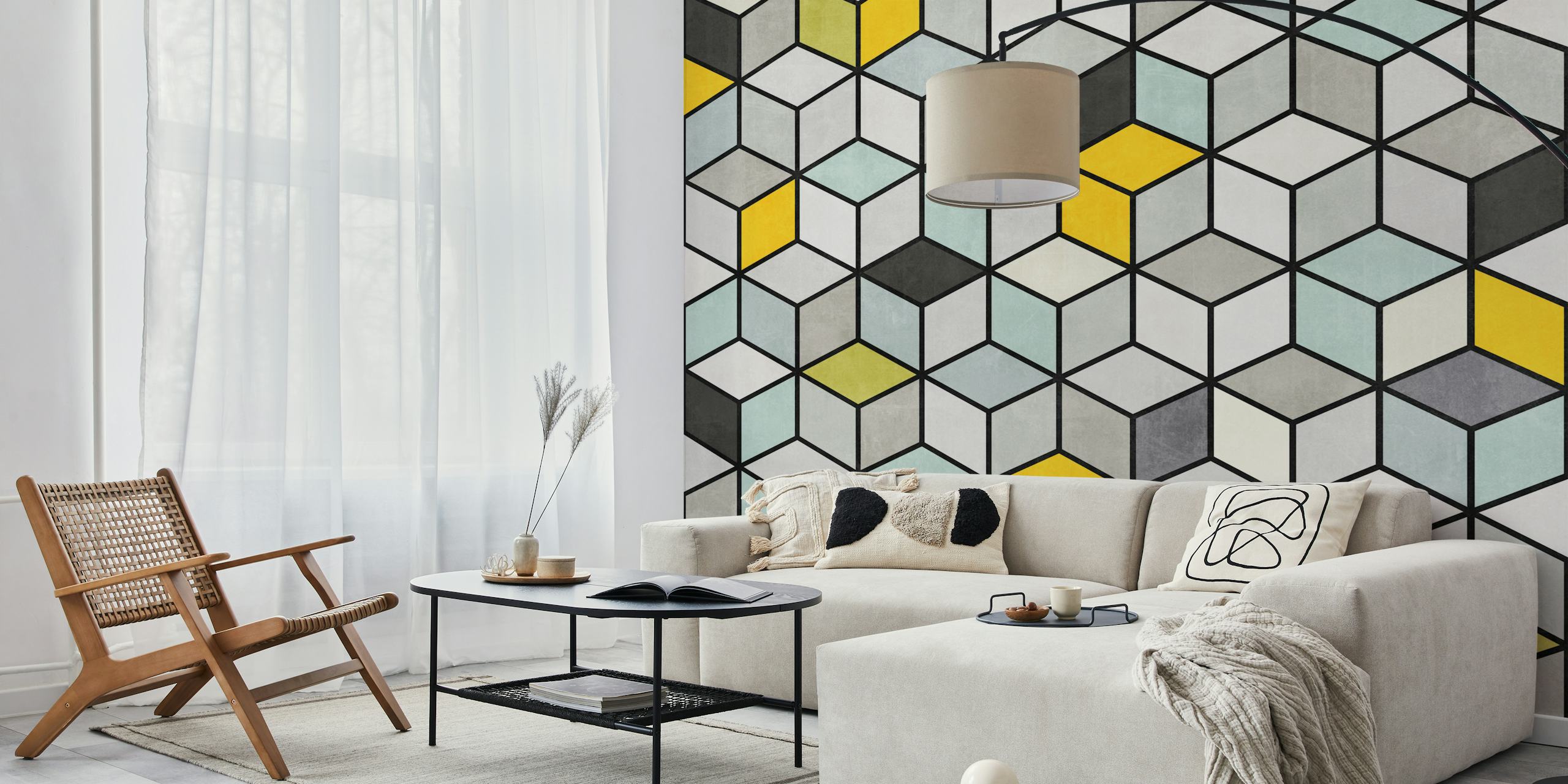 Kleurrijke Concrete Cubes fotobehang met een driedimensionaal kubuspatroon in grijze, gele en blauwgroene tinten