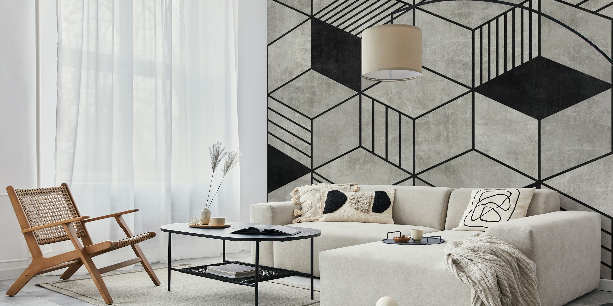 Muro murale geometrico astratto di cubi in sfumature di grigio