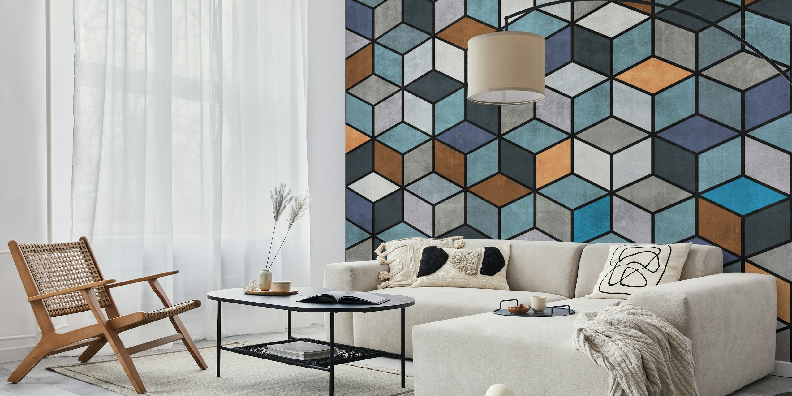 Colorful concrete cubes wallpaper in a room