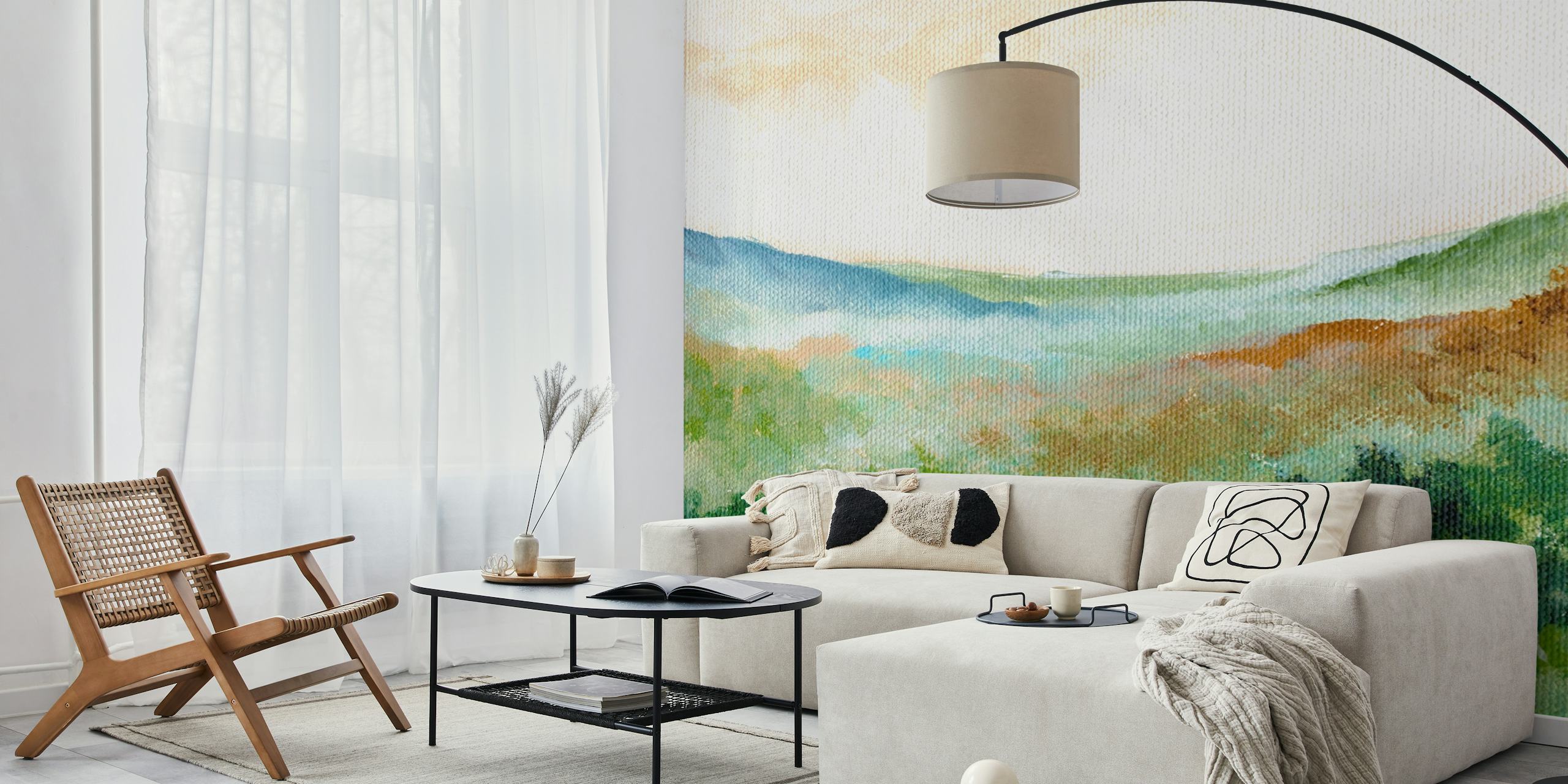 Watercolor hills in soft green and blue wallpaper