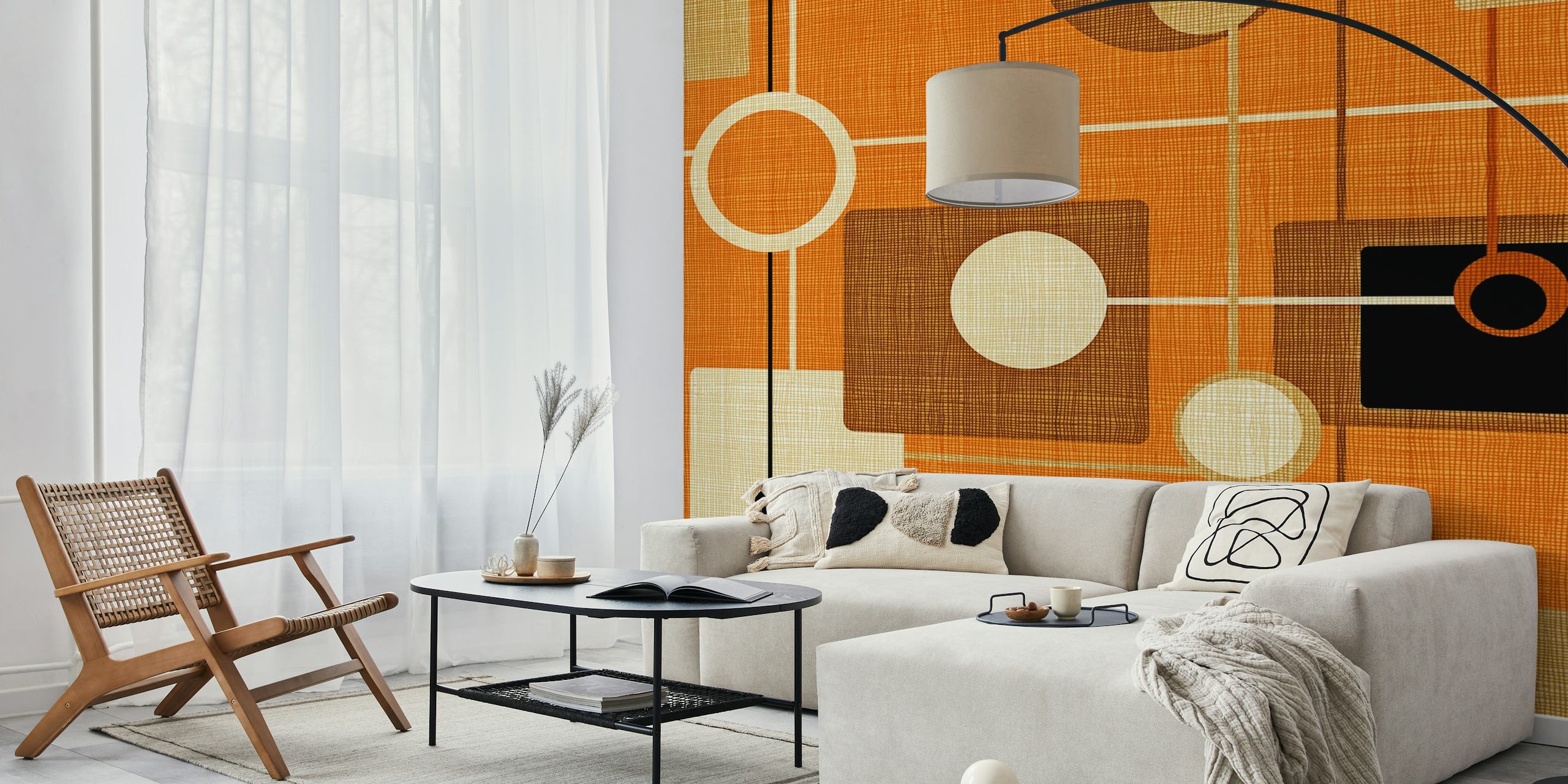 Mid-Century Style Motif tapet i orange og creme