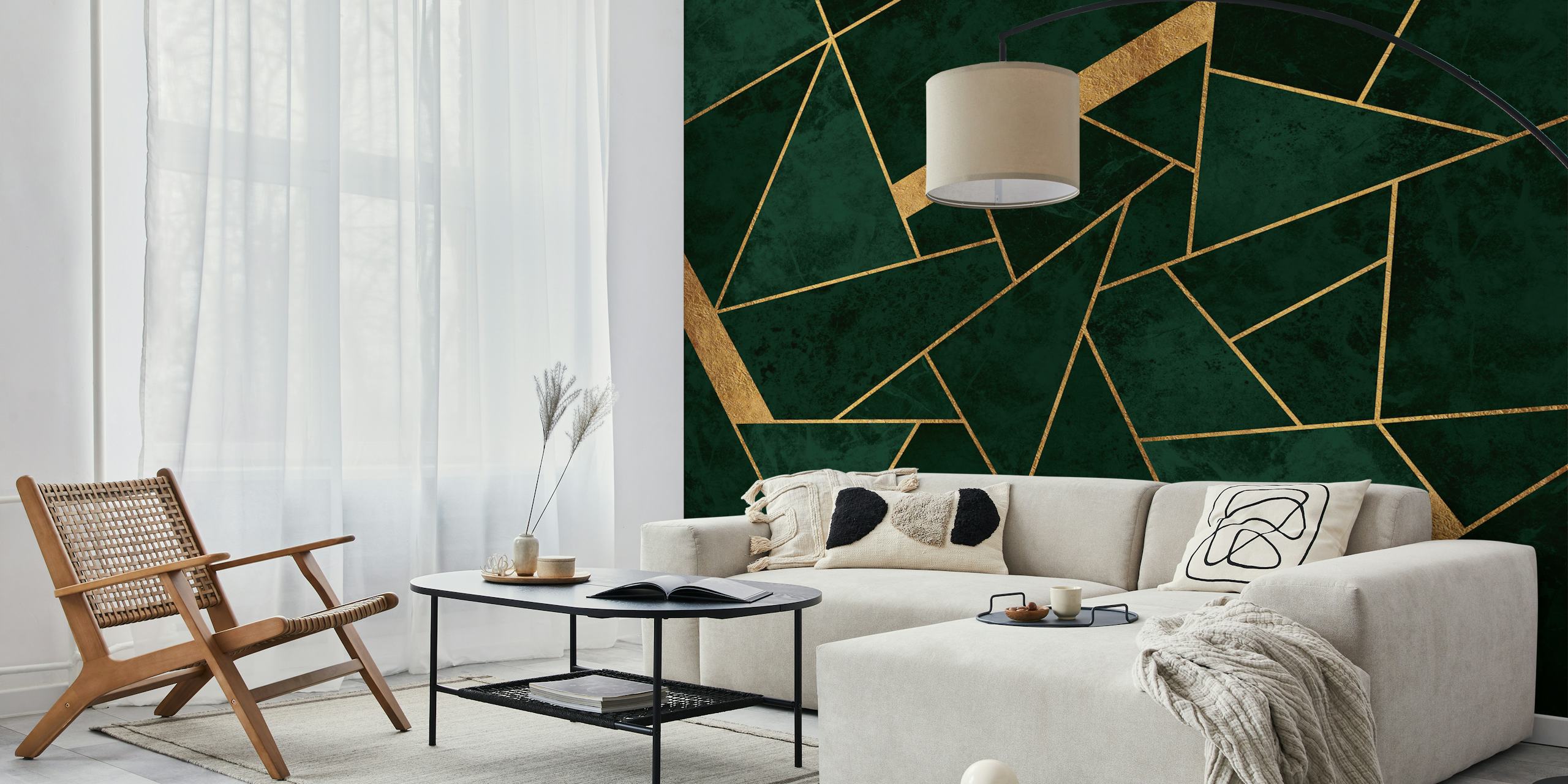 Geometric pattern in dark green and gold wallpaper