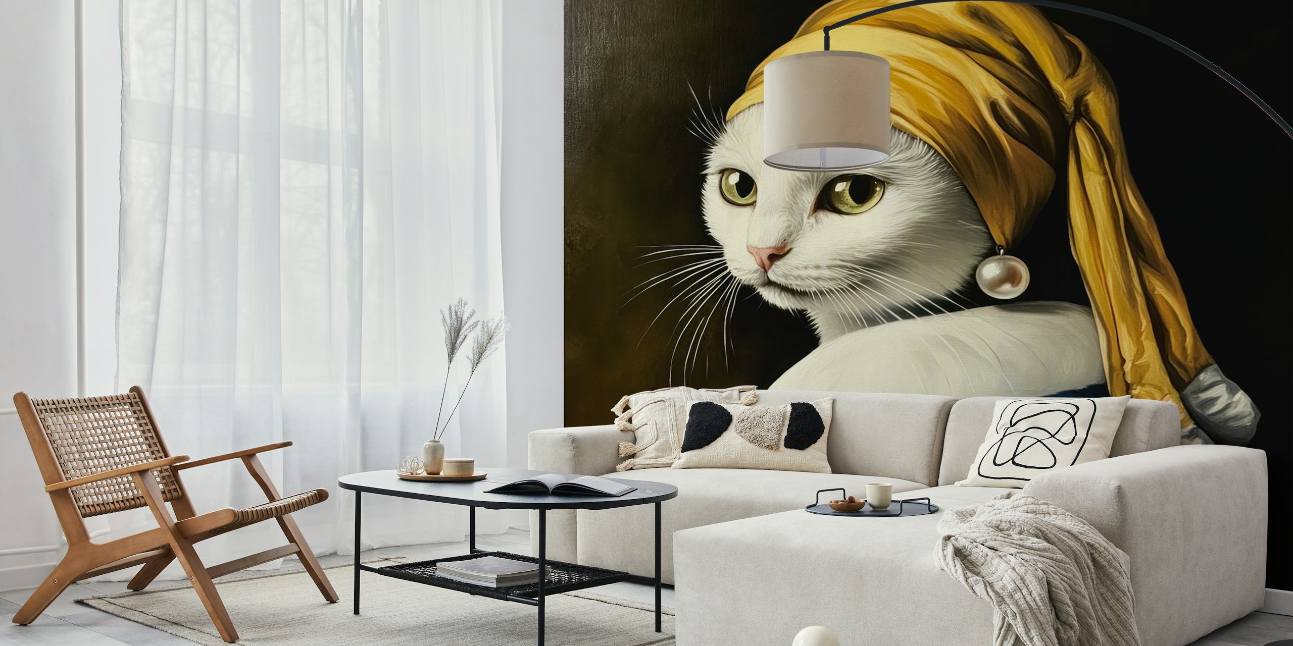 Cat wearing a pearl earring in a modern room