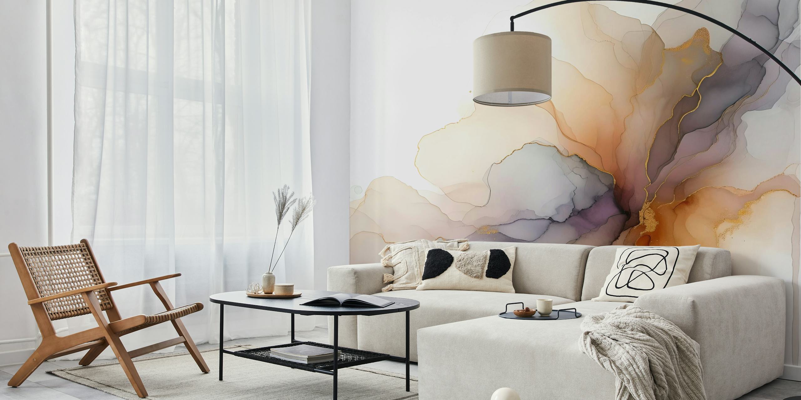 Fluid abstract shapes in soft browns and purples wallpaper