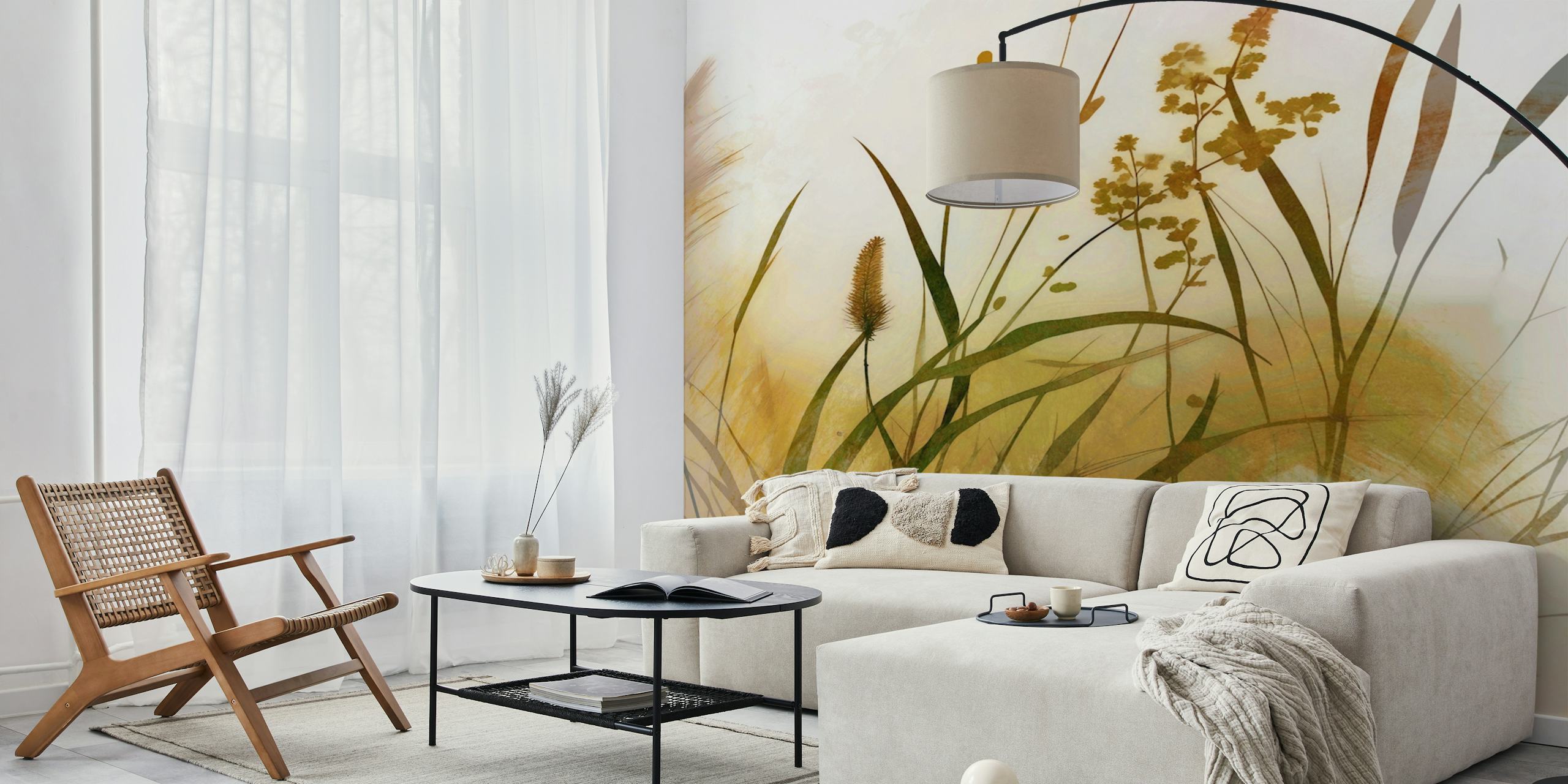 Diseño de papel tapiz Golden Reed Whispers en una habitación