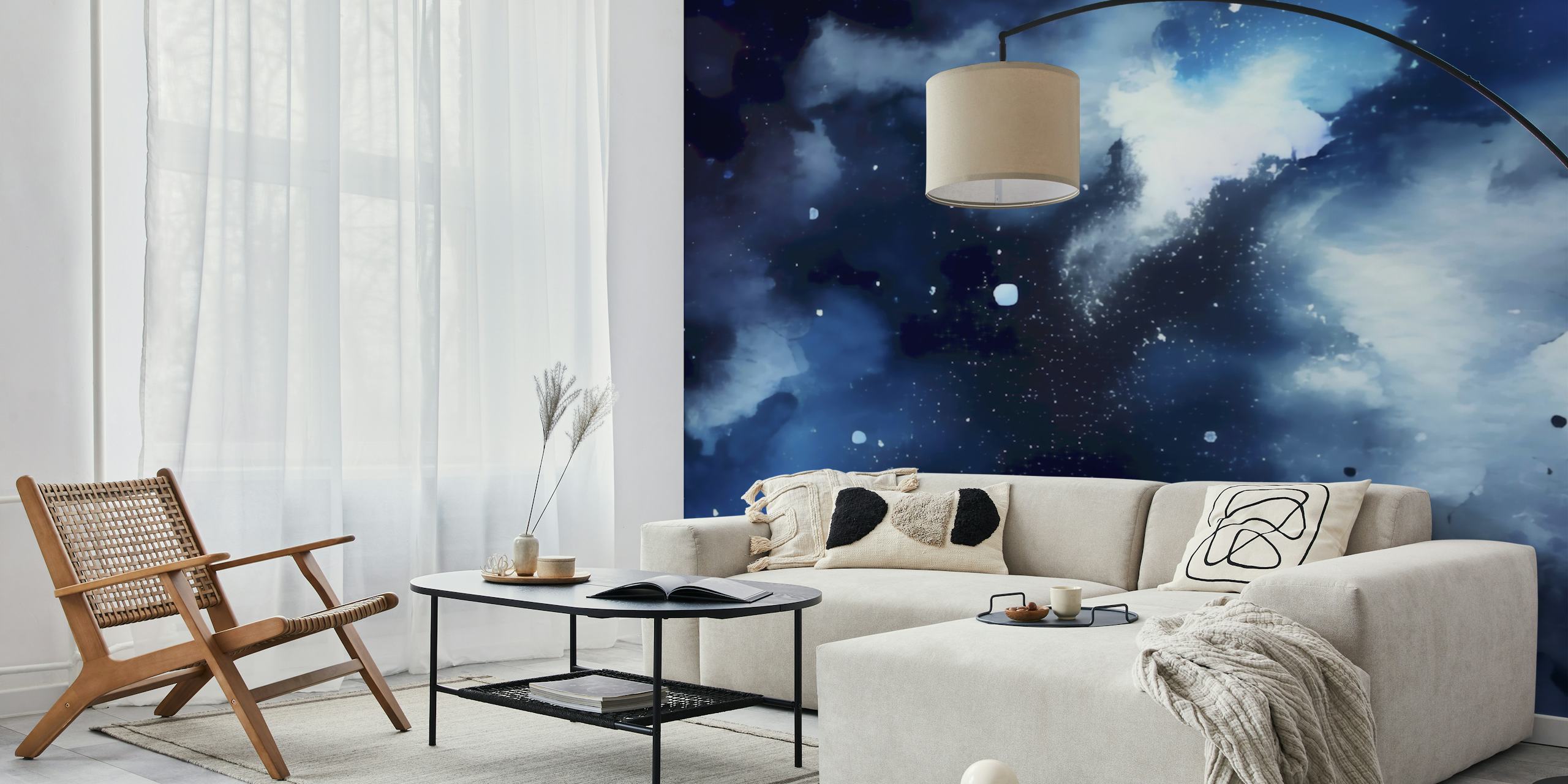 Starry night sky pattern in deep blue and white wallpaper