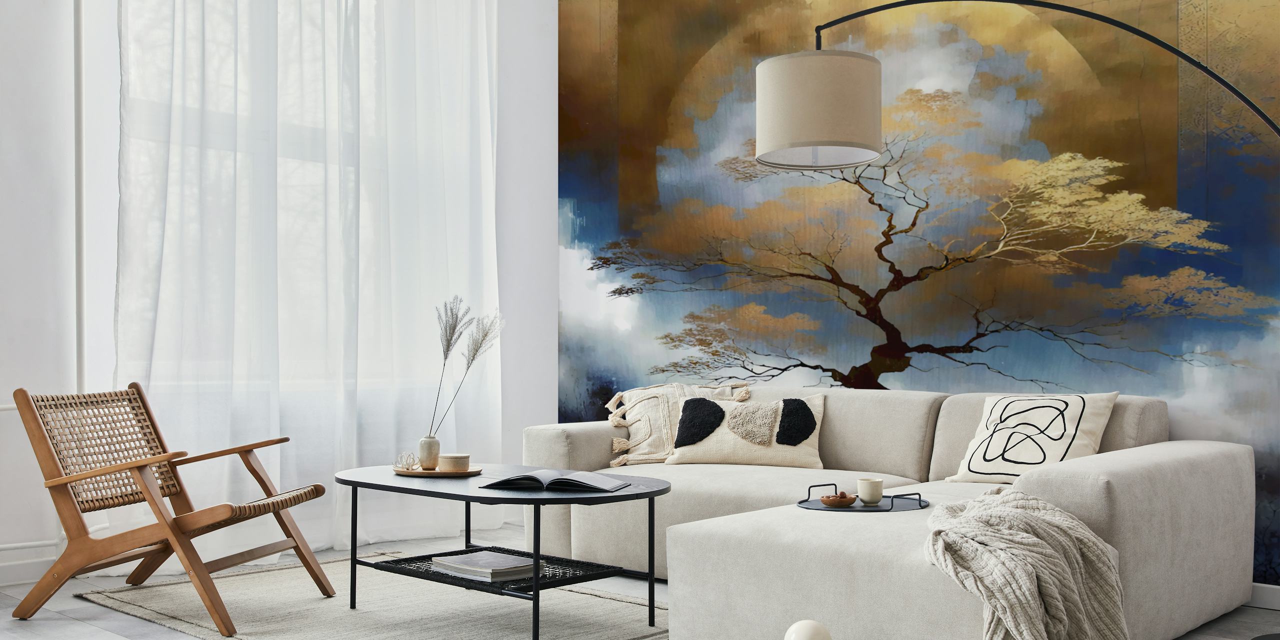 Silhouetted tree against a blue and gold night sky wallpaper