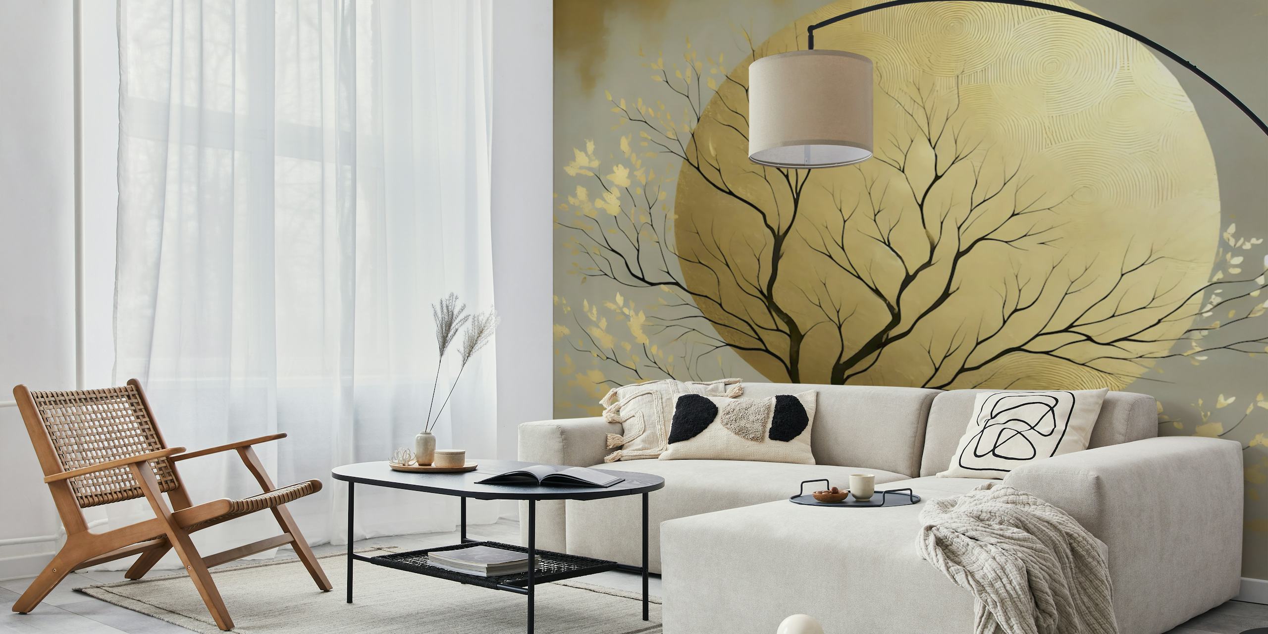 Black tree branches with gold leaves against a golden moon wallpaper
