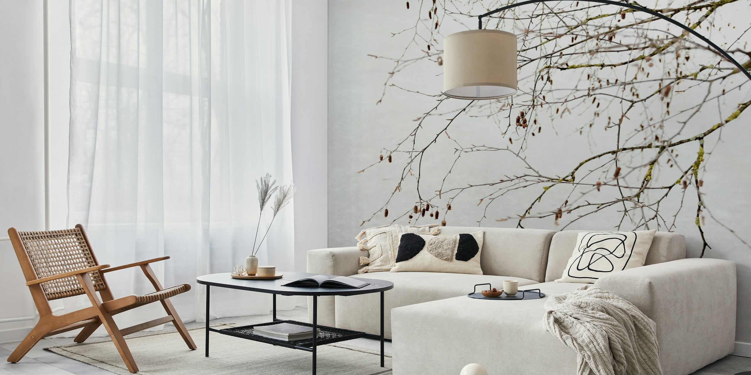 Delicate tree branches on soft gray background wallpaper